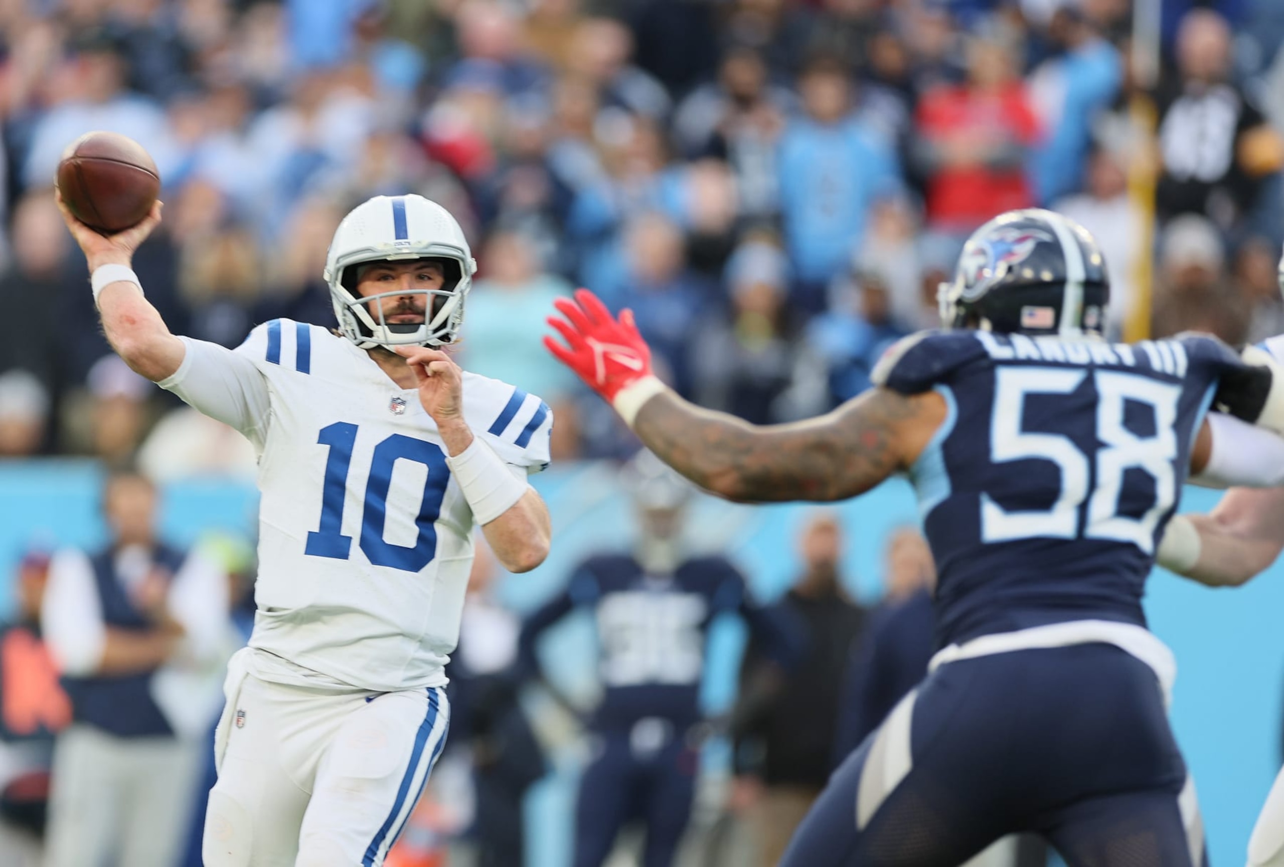 NASHVILLE, TENNESSEE - DECEMBER 03: Gardner Minshew #10 of the Indianapolis Colts throws a pass against the Tennessee Titans during overtime at Nissan Stadium on December 03, 2023 in Nashville, Tennessee. (Photo by Andy Lyons/Getty Images) NASHVILLE, TENNESSEE - DECEMBER 03: Gardner Minshew #10 of the Indianapolis Colts throws a pass against the Tennessee Titans during overtime at Nissan Stadium on December 03, 2023 in Nashville, Tennessee. (Photo by Andy Lyons/Getty Images)