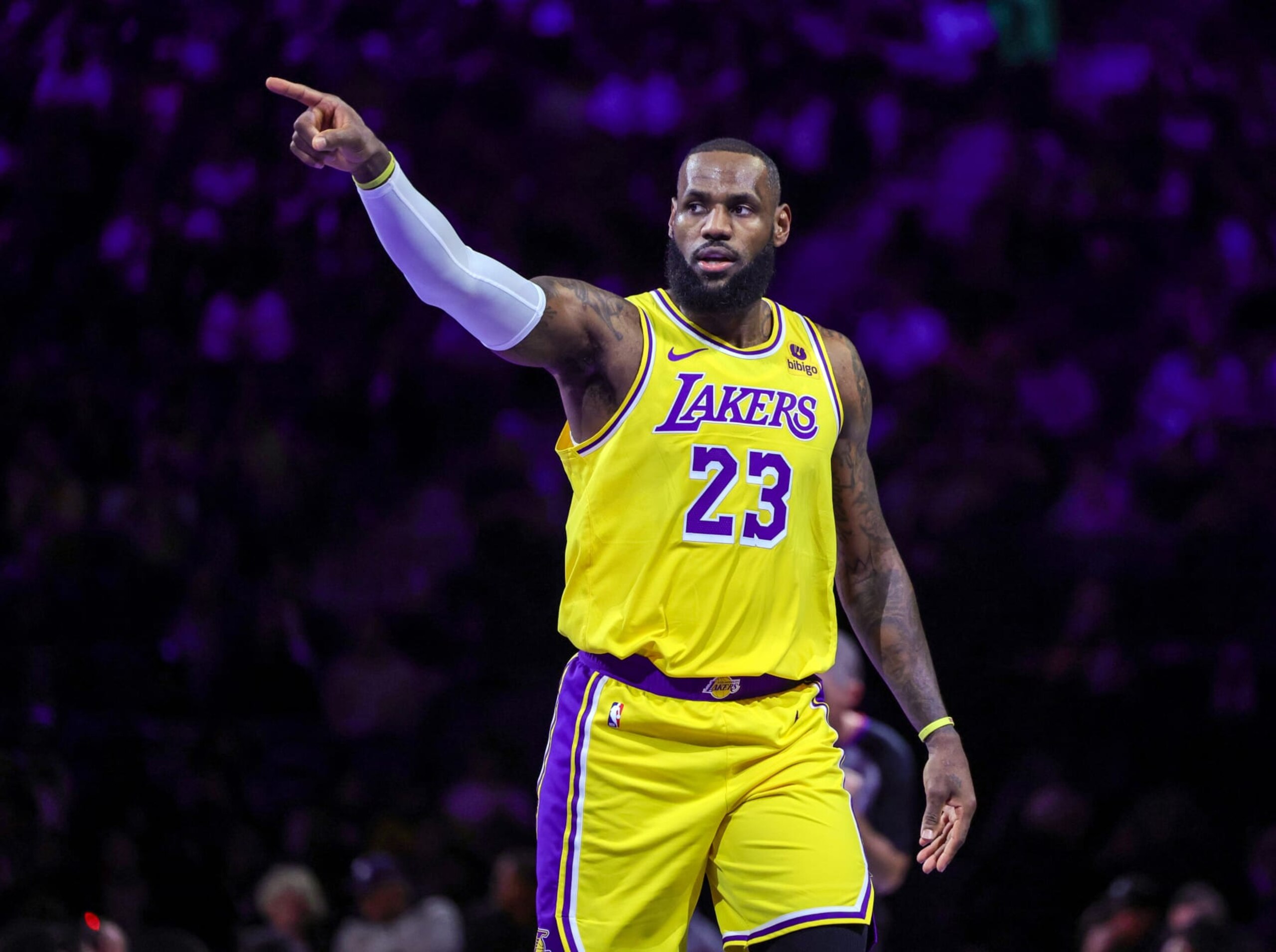 LAS VEGAS, NEVADA - DECEMBER 07: LeBron James #23 of the Los Angeles Lakers gestures in the first half of the West semifinal game of the inaugural NBA In-Season Tournament against the New Orleans Pelicans at T-Mobile Arena on December 07, 2023 in Las Vegas, Nevada. NOTE TO USER: User expressly acknowledges and agrees that, by downloading and or using this photograph, User is consenting to the terms and conditions of the Getty Images License Agreement.  (Photo by Ethan Miller/Getty Images)