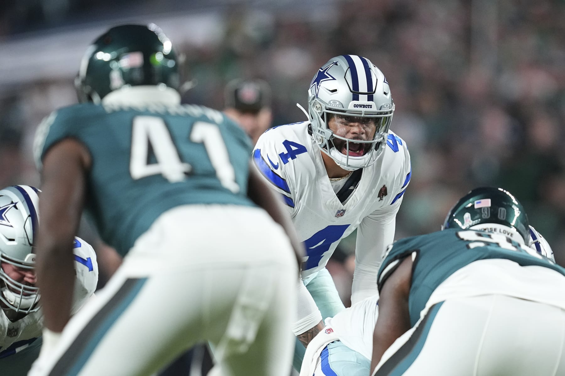 PHILADELPHIA, PENNSYLVANIA - NOVEMBER 5: Dak Prescott #4 of the Dallas Cowboys looks on against the Philadelphia Eagles at Lincoln Financial Field on November 5, 2023 in Philadelphia, Pennsylvania. (Photo by Mitchell Leff/Getty Images)