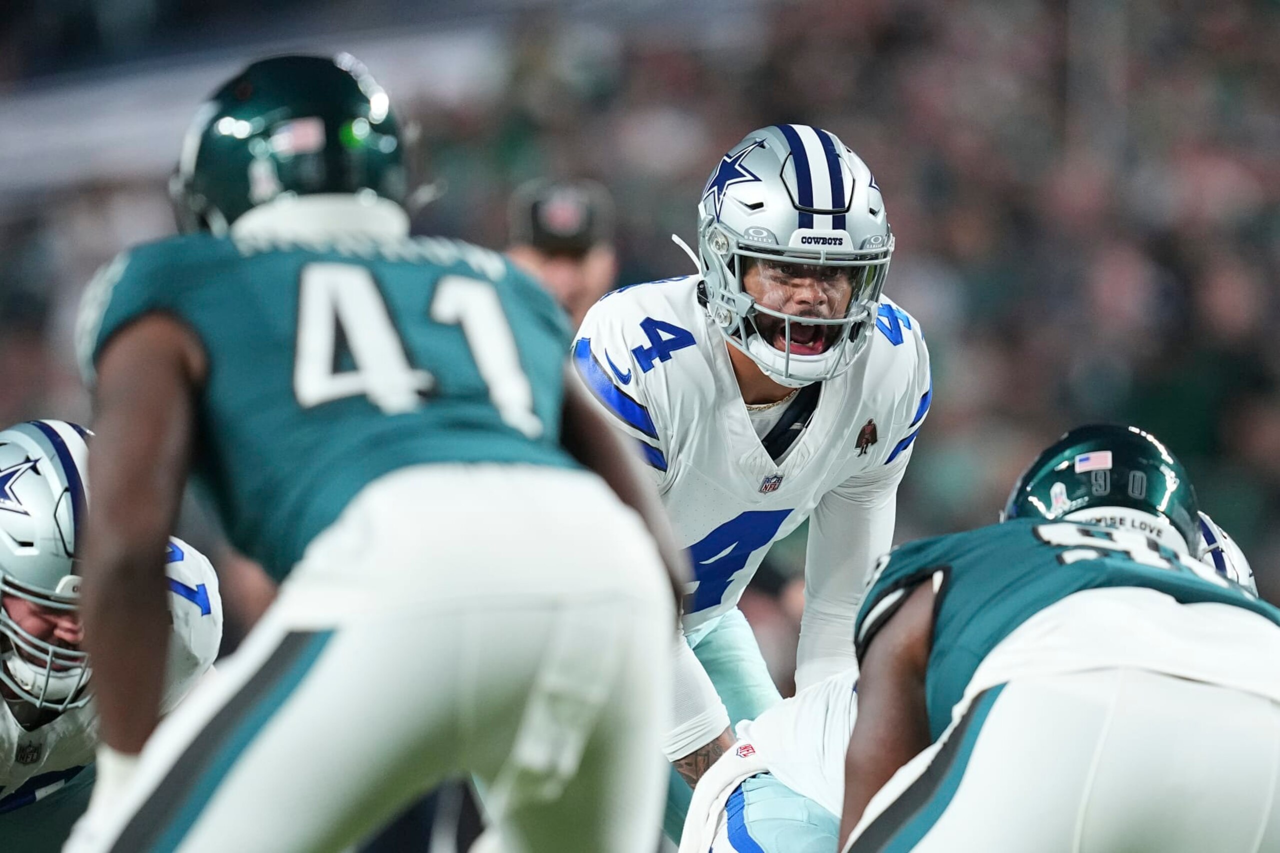 PHILADELPHIA, PENNSYLVANIA - NOVEMBER 5: Dak Prescott #4 of the Dallas Cowboys looks on against the Philadelphia Eagles at Lincoln Financial Field on November 5, 2023 in Philadelphia, Pennsylvania. (Photo by Mitchell Leff/Getty Images)