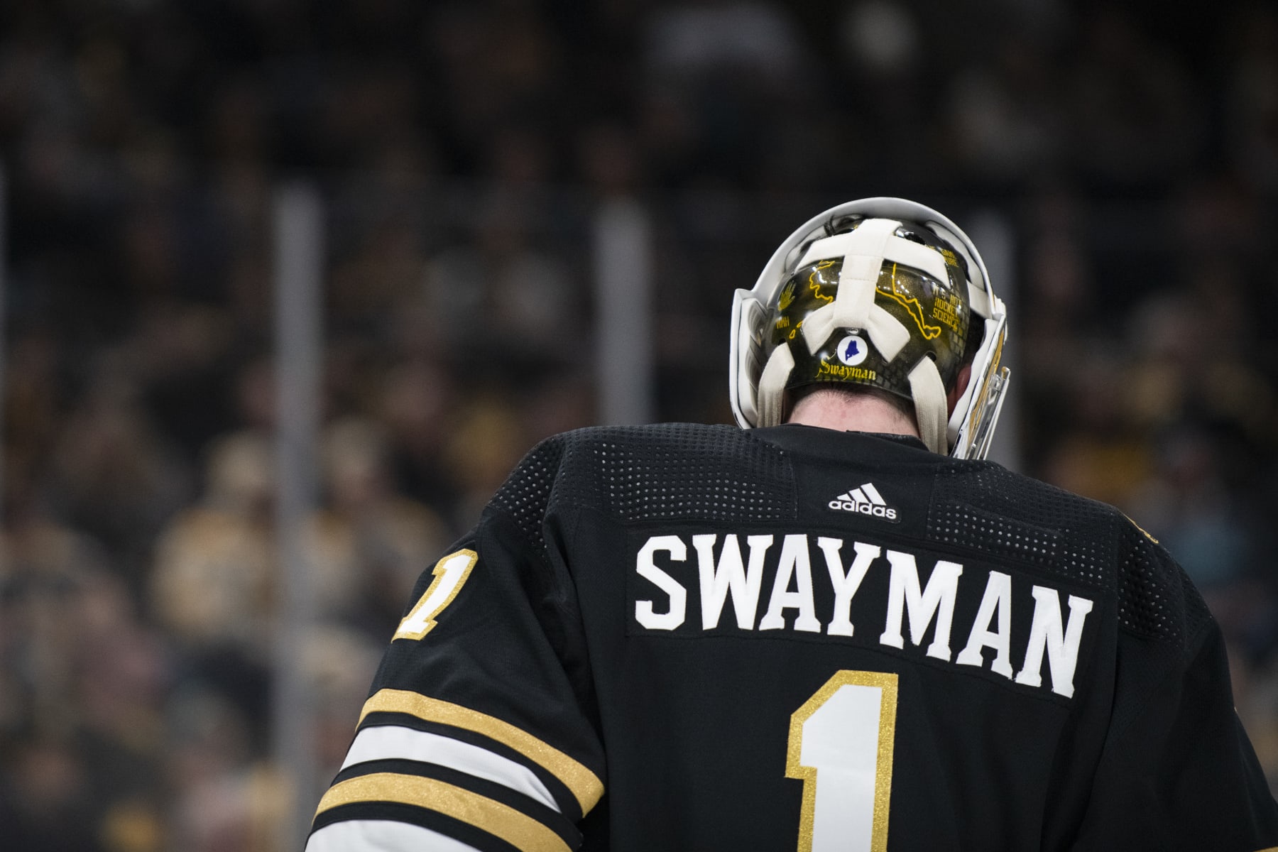 Boston, MA - November 30: Boston Bruins goalie Jeremy Swayman. The Bruins beat the San Jose Sharks, 3-0. (Photo by Tanner Pearson/The Boston Globe via Getty Images)