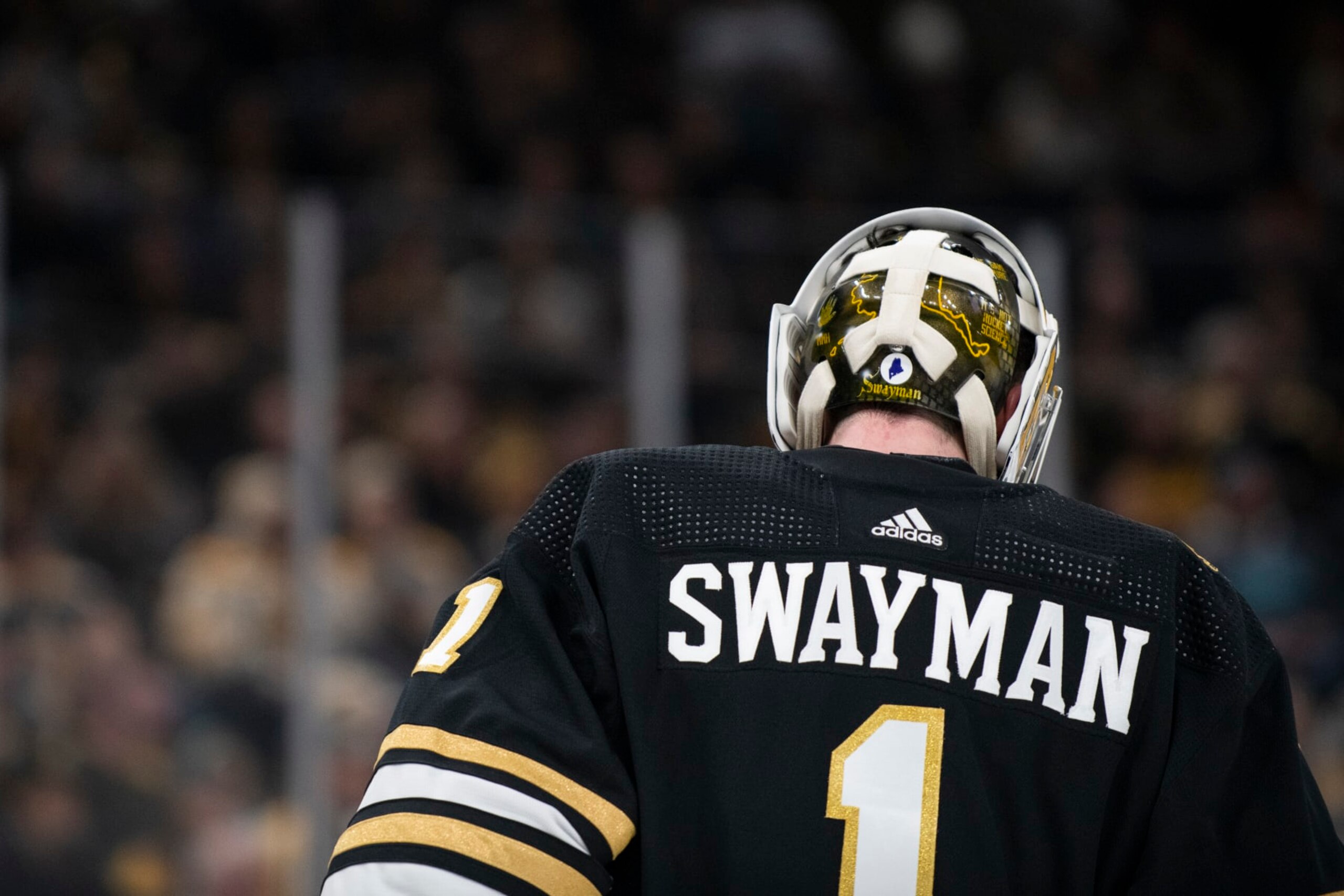 Boston, MA - November 30: Boston Bruins goalie Jeremy Swayman. The Bruins beat the San Jose Sharks, 3-0. (Photo by Tanner Pearson/The Boston Globe via Getty Images)