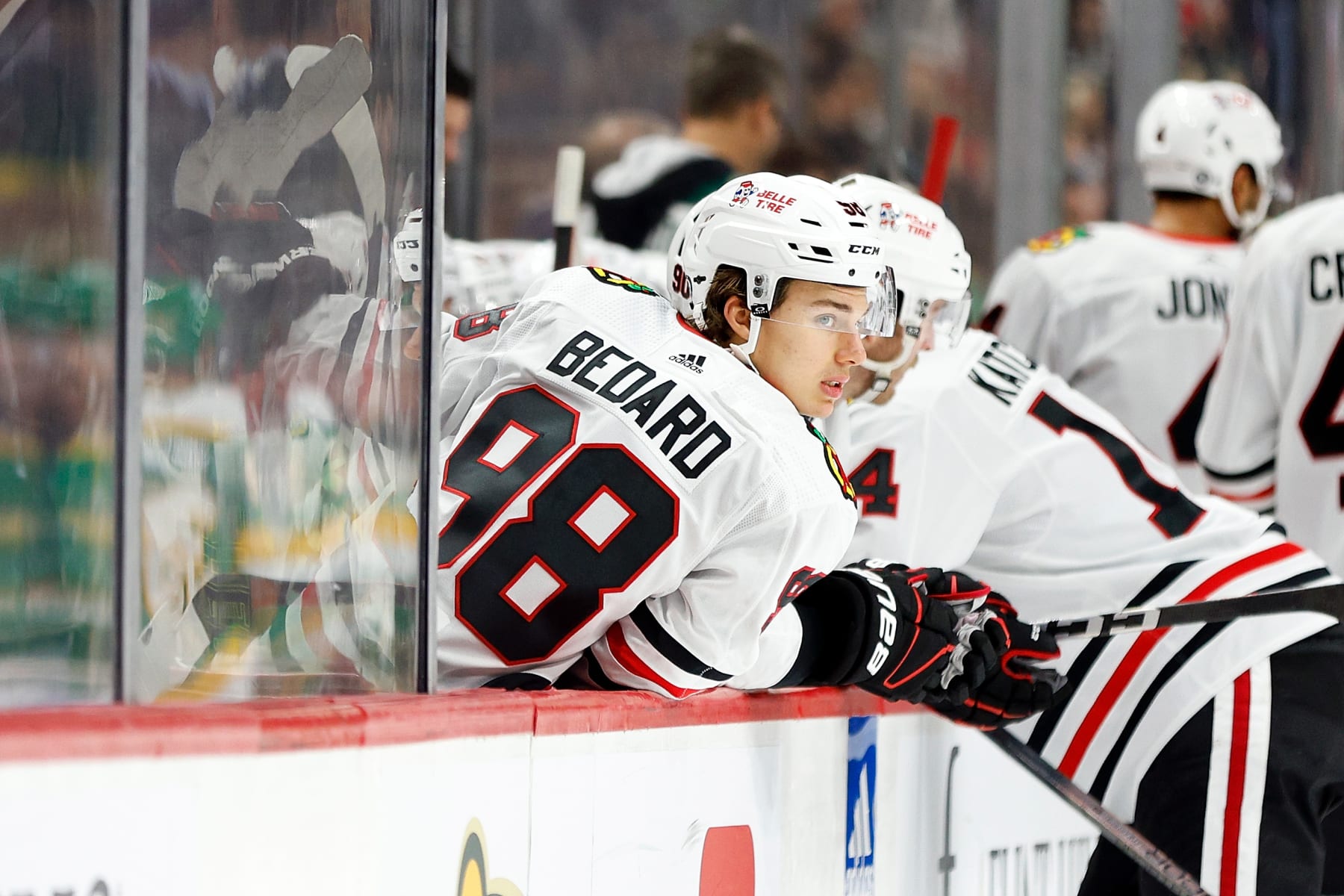 ST PAUL, MINNESOTA - DECEMBER 03: Connor Bedard #98 of the Chicago Blackhawks looks on against the Minnesota Wild in the second period at Xcel Energy Center on December 03, 2023 in St Paul, Minnesota. (Photo by David Berding/Getty Images)