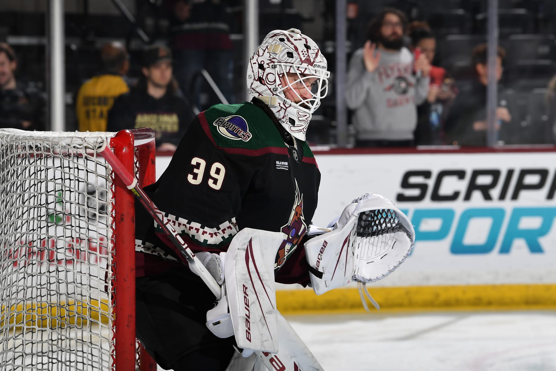 TEMPE, ARIZONA - DECEMBER 07: Connor Ingram #39 of the Arizona Coyotes warms up prior to the game against the Philadelphia Flyers at Mullett Arena on December 07, 2023 in Tempe, Arizona. (Photo by Norm Hall/NHLI via Getty Images)