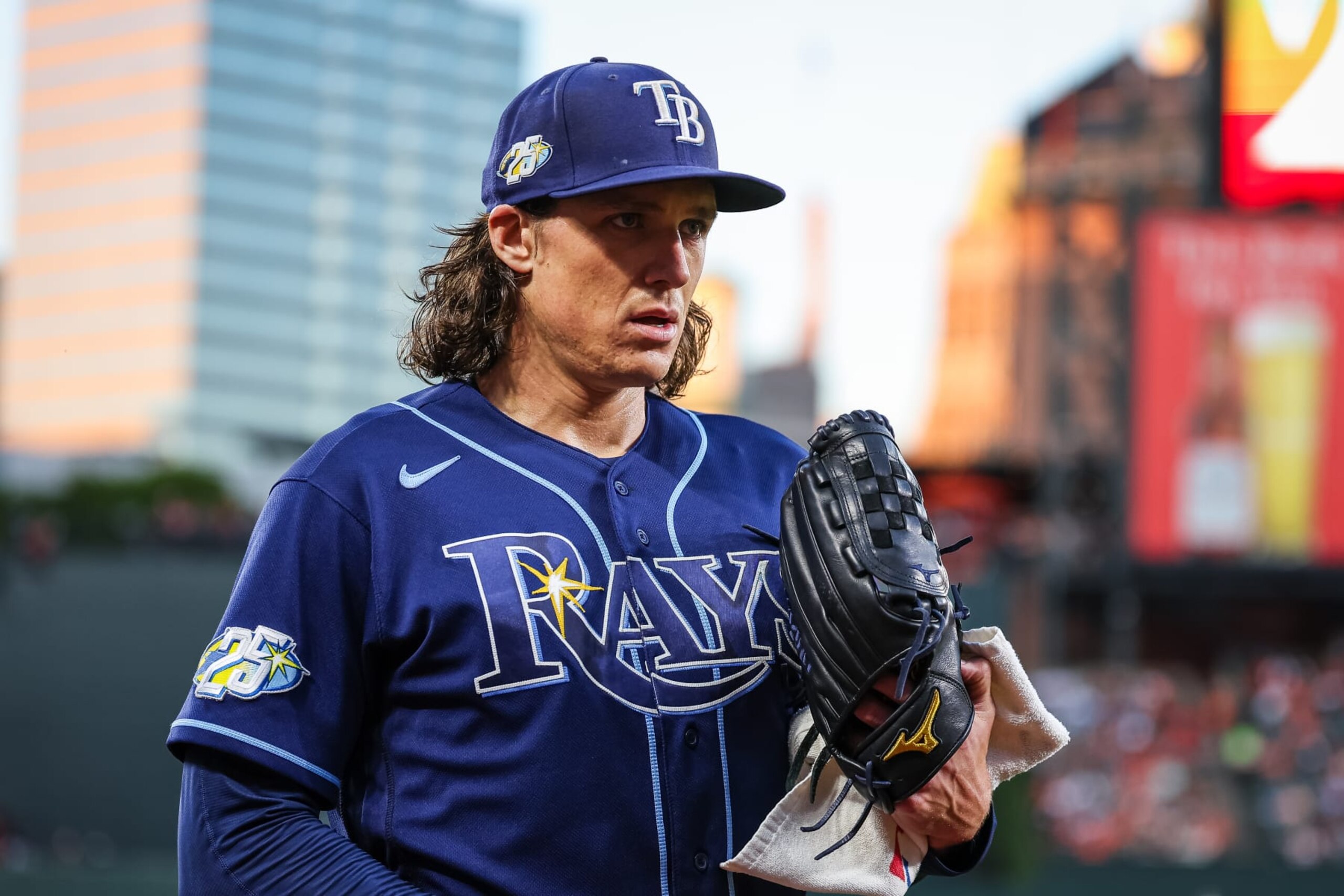 BALTIMORE, MD - SEPTEMBER 16: Tyler Glasnow #20 of the Tampa Bay Rays looks on before the game against the Baltimore Orioles at Oriole Park at Camden Yards on September 16, 2023 in Baltimore, Maryland. (Photo by Scott Taetsch/Getty Images)