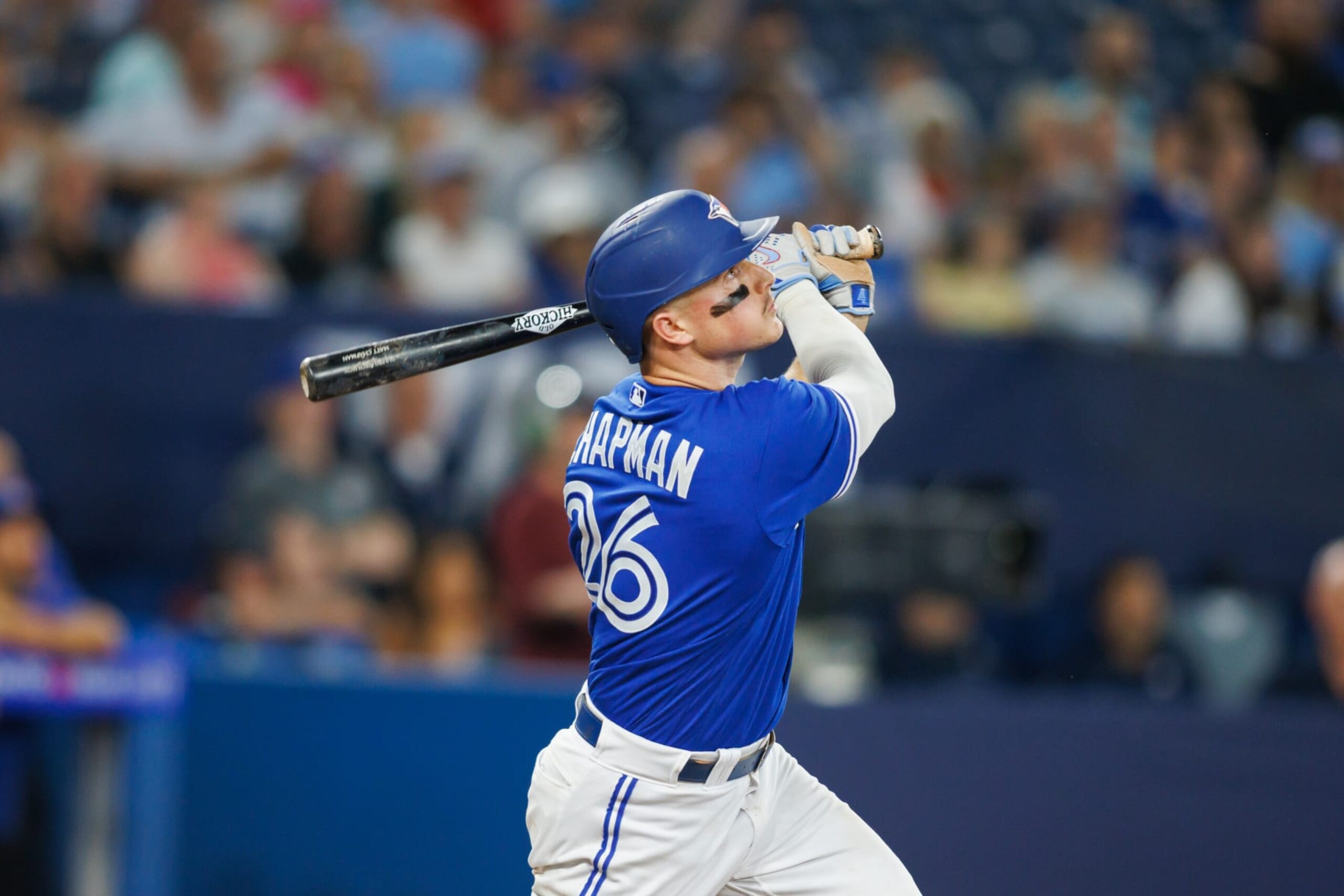 TORONTO, CANADA - MAY 31: Matt Chapman #26 of the Toronto Blue Jays at bat during their MLB game against the Milwaukee Brewers at Rogers Centre on May 31, 2023 in Toronto, Canada. (Photo by Cole Burston/Getty Images)
