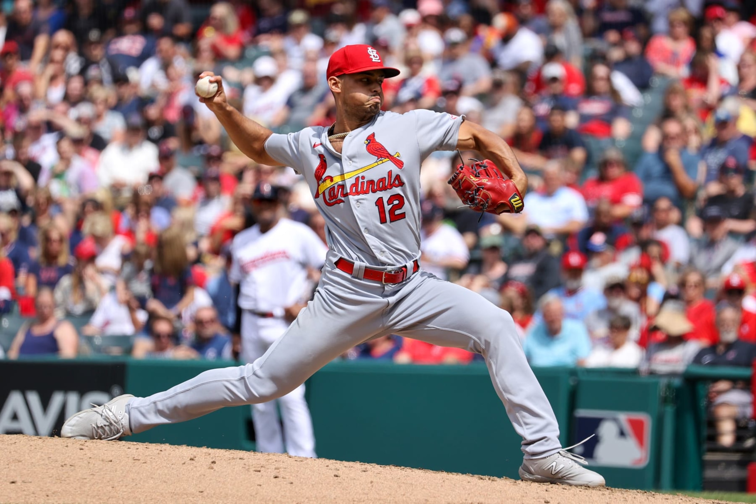 CLEVELAND, OH - MAY 28: St. Louis Cardinals relief pitcher Jordan Hicks (12) delivers a pitch to the plate during the sixth  inning of the Major League Baseball Interleague game between the St. Louis Cardinals and Cleveland Guardians on May 28, 2023, at Progressive Field in Cleveland, OH. (Photo by Frank Jansky/Icon Sportswire via Getty Images)