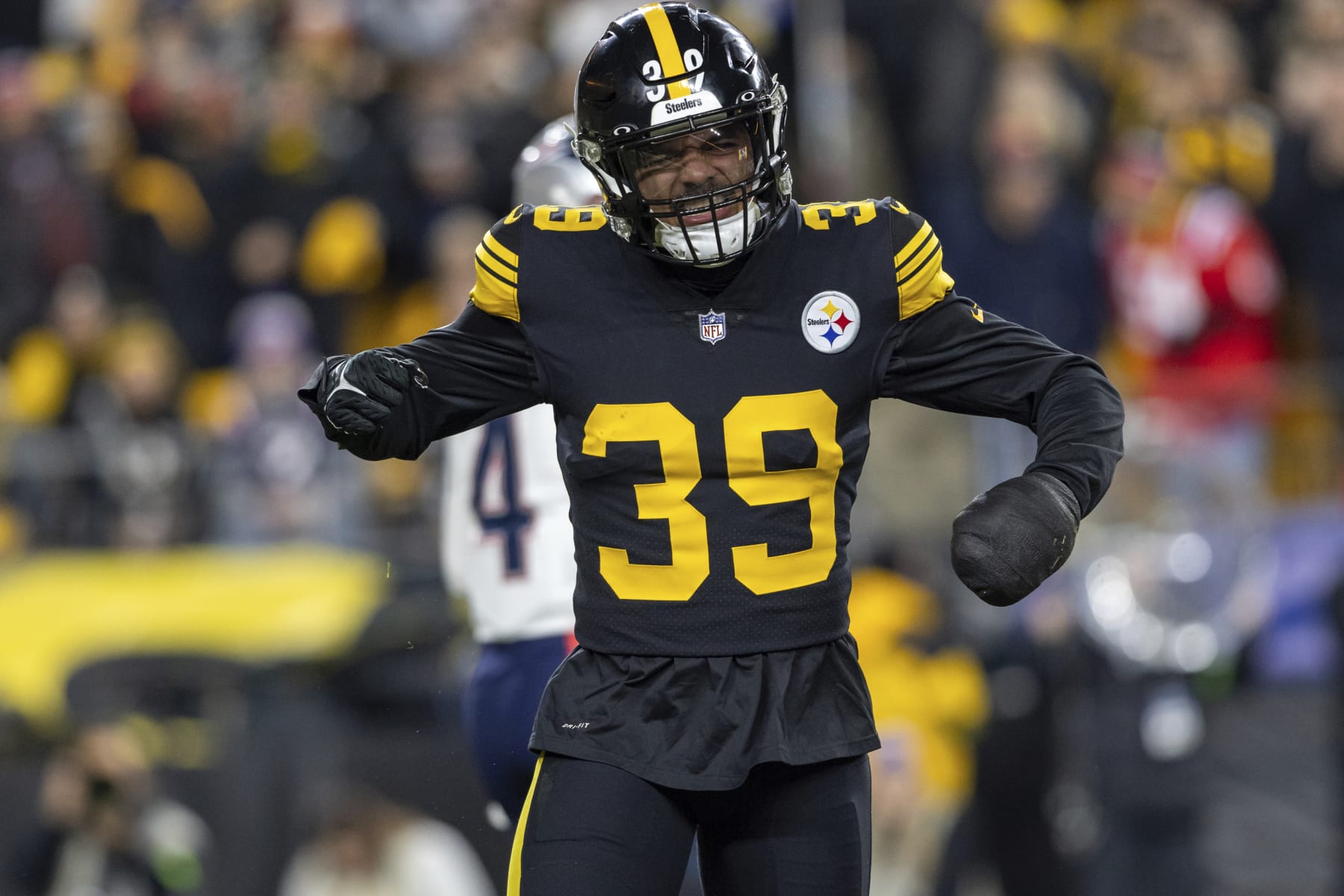 Pittsburgh Steelers safety Minkah Fitzpatrick (39) reacts after a tackle during an NFL football game, Thursday, Dec. 7, 2023, in Pittsburgh. (AP Photo/Matt Durisko)