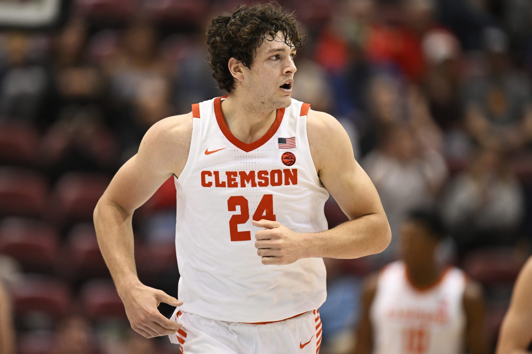 ASHEVILLE, NORTH CAROLINA - NOVEMBER 12: PJ Hall #24 of the Clemson Tigers runs down the court against the Davidson Wildcats in the first half at Harrah's Cherokee Center on November 12, 2023 in Asheville, North Carolina. (Photo by Eakin Howard/Getty Images)
