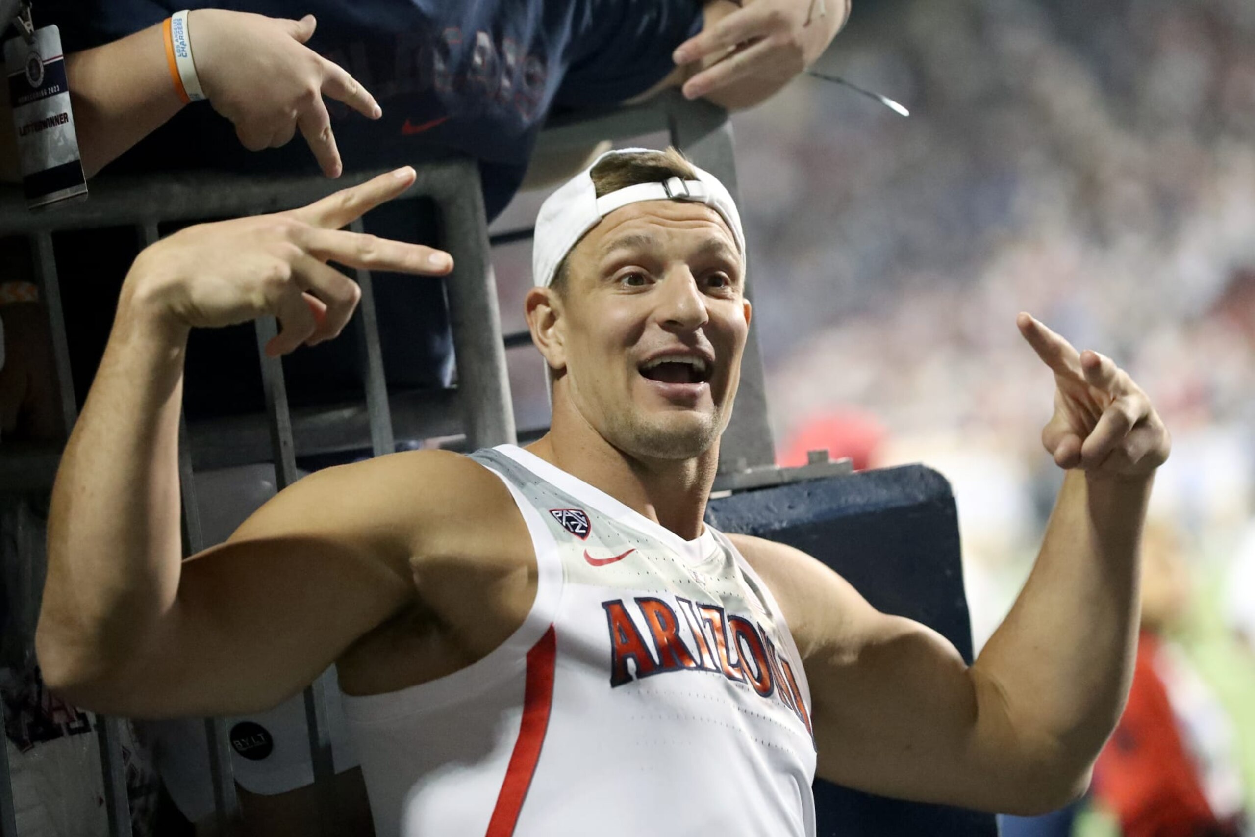 TUCSON, AZ - NOVEMBER 04: Arizona Wildcats alumni and honorary team captain Rob Gronkowski during a football game between the UCLA Bruins and the University of Arizona Wildcats on November 4, 2023 at Arizona Stadium in Tucson, AZ. (Photo by Christopher Hook/Icon Sportswire via Getty Images)