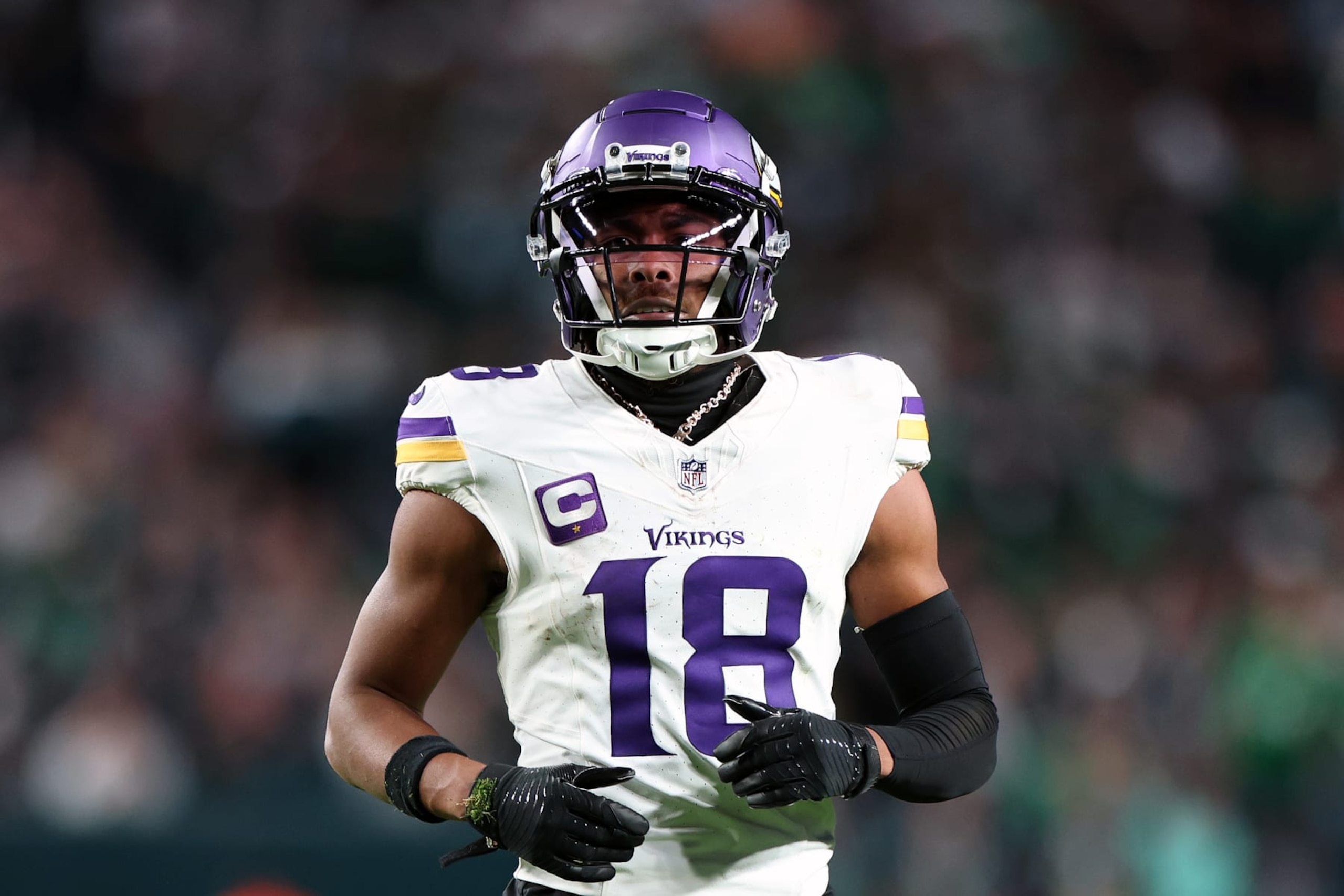 PHILADELPHIA, PENNSYLVANIA - SEPTEMBER 14: Justin Jefferson #18 of the Minnesota Vikings looks on against the Philadelphia Eagles at Lincoln Financial Field on September 14, 2023 in Philadelphia, Pennsylvania. (Photo by Tim Nwachukwu/Getty Images)