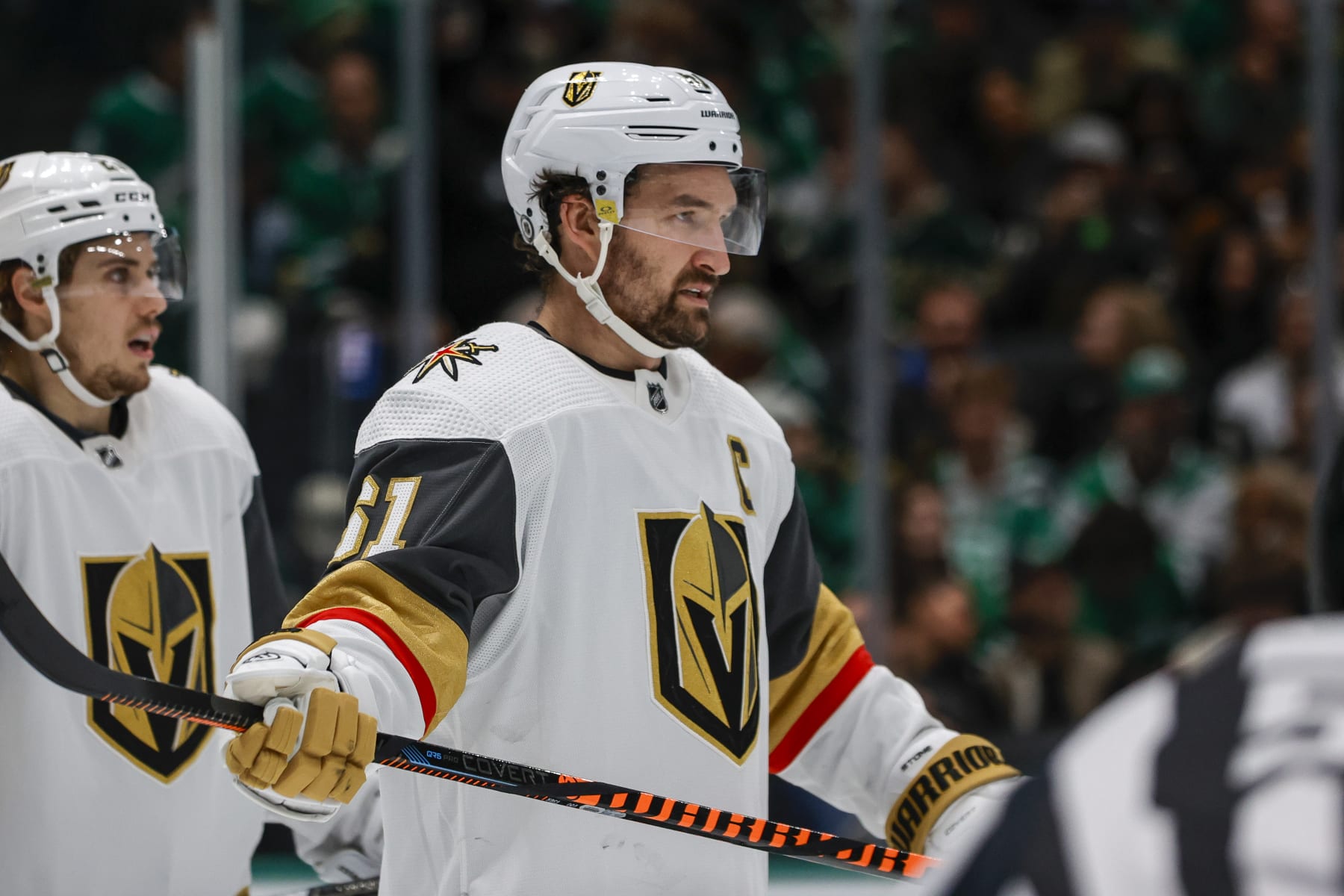 DALLAS, TX - NOVEMBER 22: Vegas Golden Knights right wing Mark Stone (61) waits for play to begin during the game between the Dallas Stars and the Vegas Golden Knights on November 22, 2023 at American Airlines Center in Dallas, Texas. (Photo by Matthew Pearce/Icon Sportswire via Getty Images)