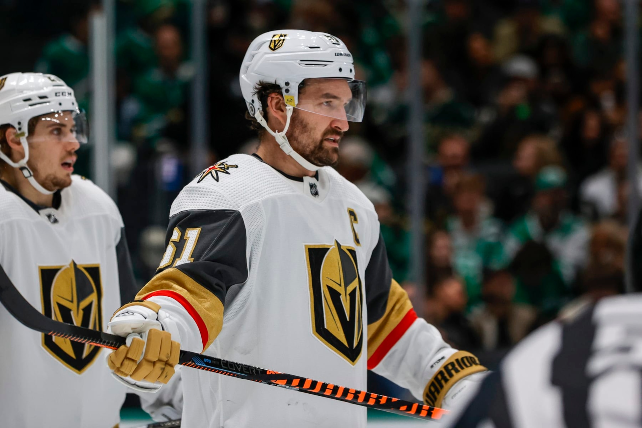 DALLAS, TX - NOVEMBER 22: Vegas Golden Knights right wing Mark Stone (61) waits for play to begin during the game between the Dallas Stars and the Vegas Golden Knights on November 22, 2023 at American Airlines Center in Dallas, Texas. (Photo by Matthew Pearce/Icon Sportswire via Getty Images)