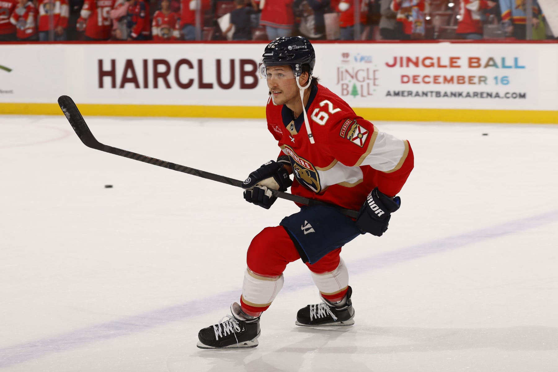 SUNRISE, FLORIDA - DECEMBER 6: Brandon Montour #62 of the Florida Panthers skates on the ice prior to the start of the game against the Dallas Stars at the Amerant Bank Arena on December 6, 2023 in Sunrise, Florida. (Photo by Eliot J. Schechter/NHLI via Getty Images)
