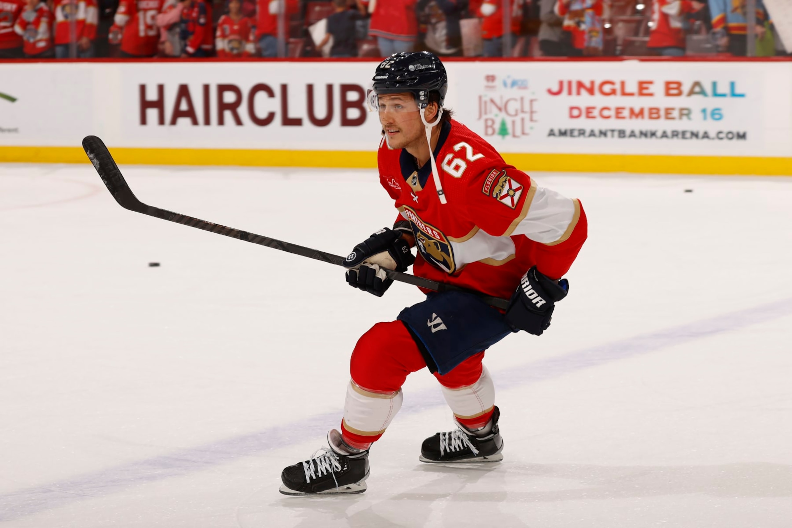 SUNRISE, FLORIDA - DECEMBER 6: Brandon Montour #62 of the Florida Panthers skates on the ice prior to the start of the game against the Dallas Stars at the Amerant Bank Arena on December 6, 2023 in Sunrise, Florida. (Photo by Eliot J. Schechter/NHLI via Getty Images)