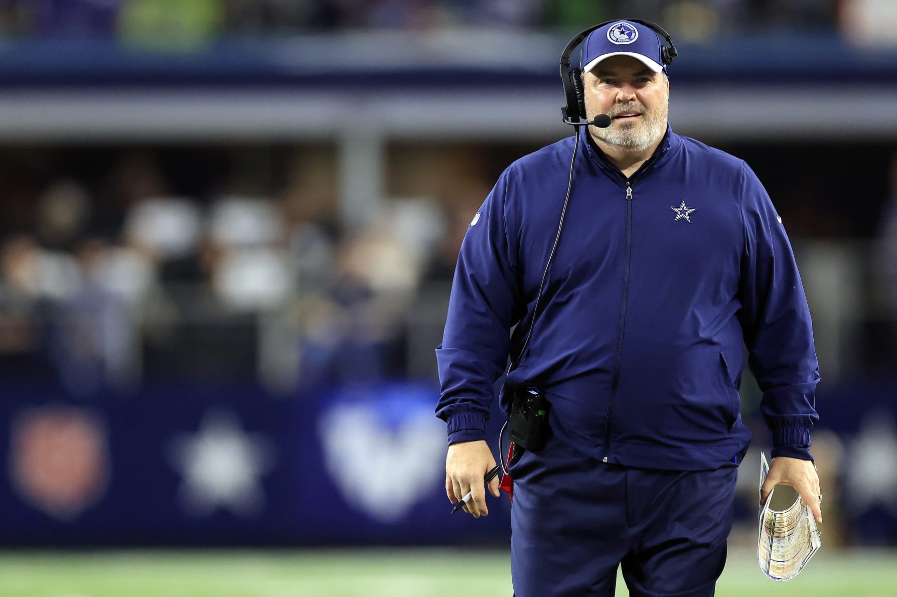 ARLINGTON, TEXAS - NOVEMBER 30:  Head coach Mike McCarthy of the Dallas Cowboys coaches from the sidelines during the 2nd quarter of the game against the Seattle Seahawks at AT&T Stadium on November 30, 2023 in Arlington, Texas. (Photo by Ron Jenkins/Getty Images)
