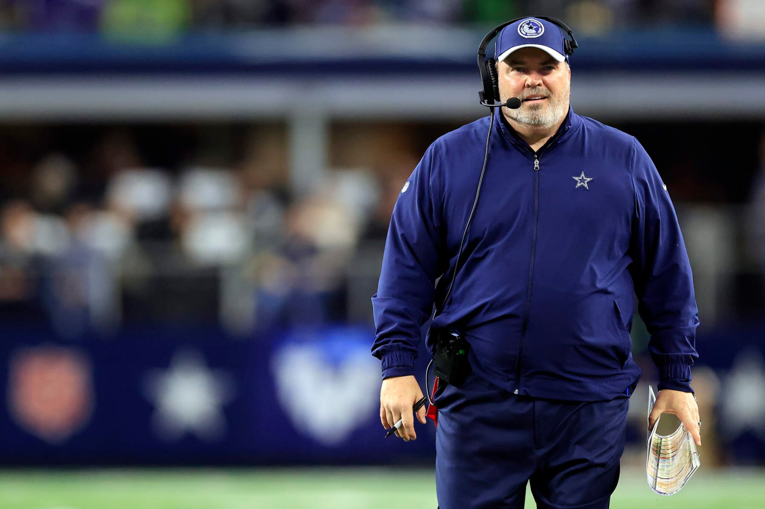 ARLINGTON, TEXAS - NOVEMBER 30:  Head coach Mike McCarthy of the Dallas Cowboys coaches from the sidelines during the 2nd quarter of the game against the Seattle Seahawks at AT&T Stadium on November 30, 2023 in Arlington, Texas. (Photo by Ron Jenkins/Getty Images)