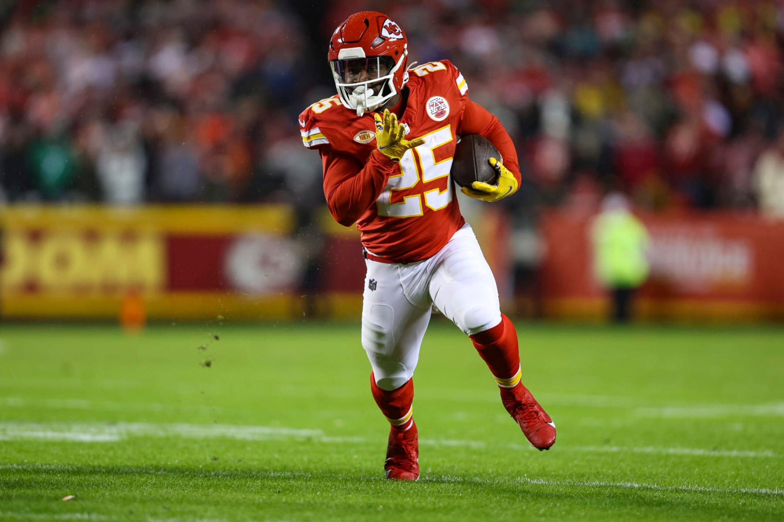 KANSAS CITY, MO - NOVEMBER 20: Clyde Edwards-Helaire #25 of the Kansas City Chiefs runs the ball during an NFL football game against the Philadelphia Eagles at GEHA Field at Arrowhead Stadium on November 20, 2023 in Kansas City, Missouri. (Photo by Perry Knotts/Getty Images)