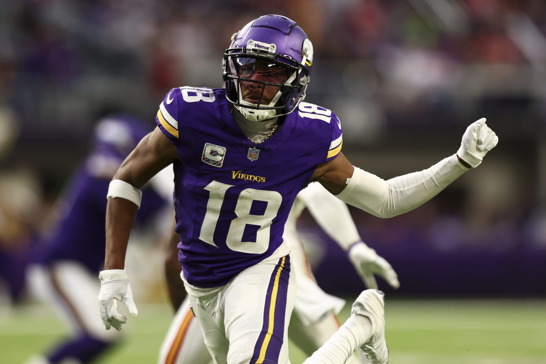 MINNEAPOLIS, MN - OCTOBER 8: Justin Jefferson #18 of the Minnesota Vikings runs downfield during an NFL football game against the Kansas City Chiefs at U.S. Bank Stadium on October 8, 2023 in Minneapolis, Minnesota. (Photo by Kevin Sabitus/Getty Images)