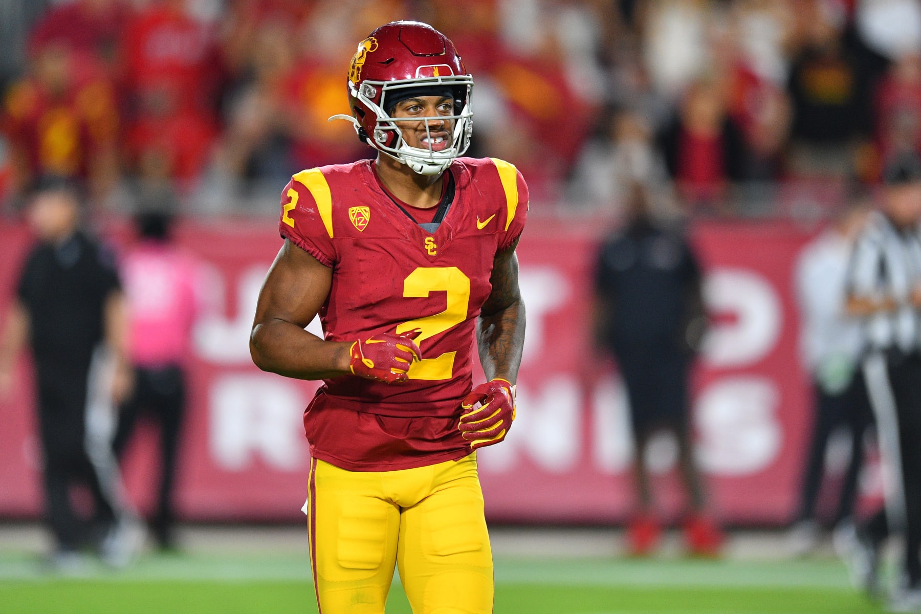 LOS ANGELES, CA - OCTOBER 21: USC Trojans wide receiver Brenden Rice (2) looks on during a game between the Utah Utes and the USC Trojans on October 21, 2023, at Los Angeles Memorial Coliseum in Los Angeles, CA. (Photo by Brian Rothmuller/Icon Sportswire via Getty Images)