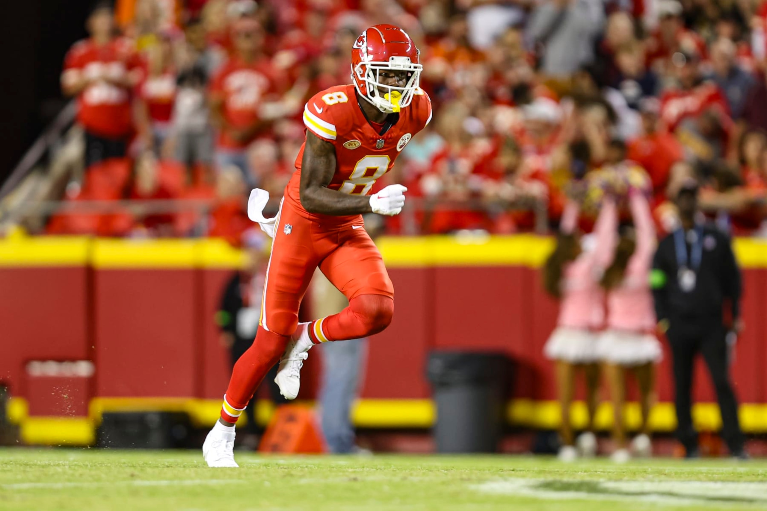 KANSAS CITY, MO - OCTOBER 12: Justyn Ross #8 of the Kansas City Chiefs runs a route during an NFL football game against the Denver Broncos at GEHA Field at Arrowhead Stadium on October 12, 2023 in Kansas City, Missouri. (Photo by Perry Knotts/Getty Images)