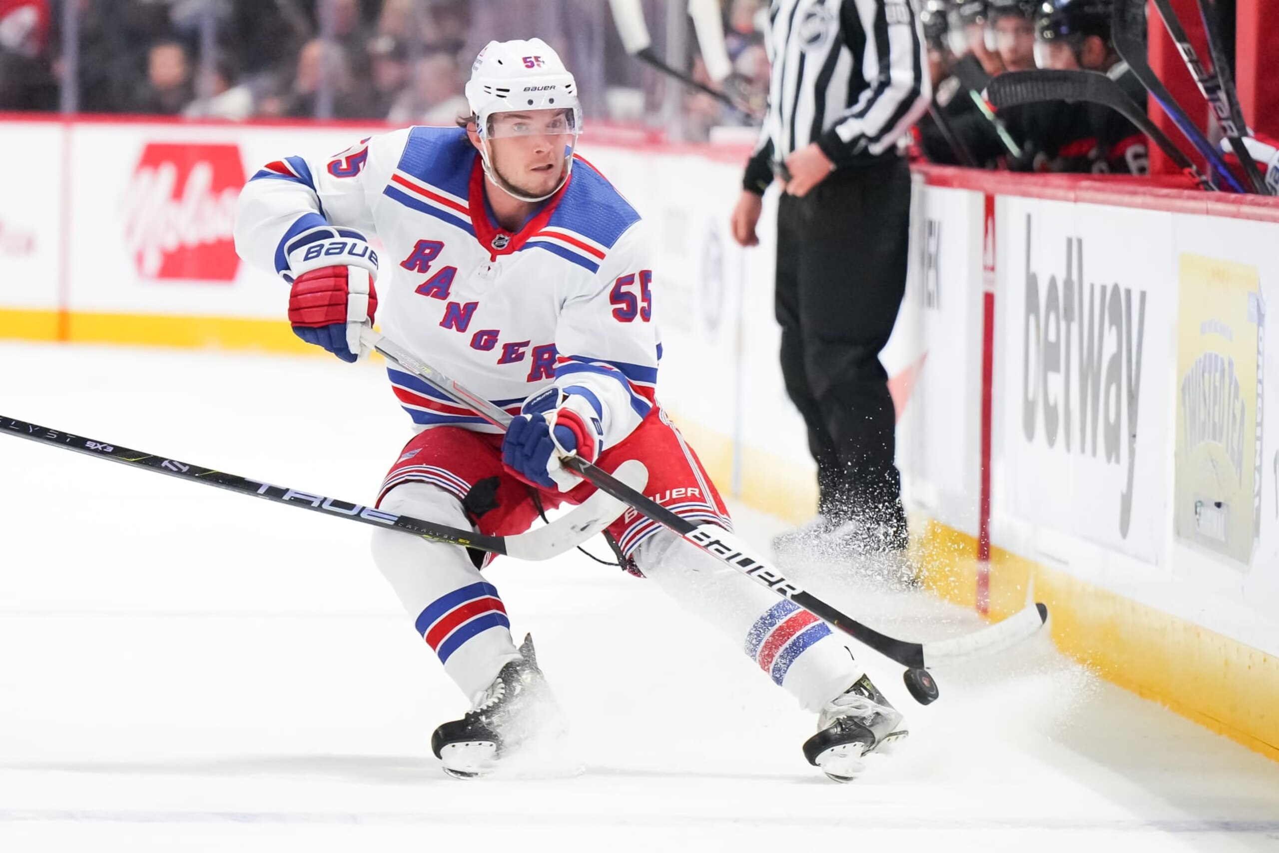 OTTAWA, CANADA - DECEMBER 5:  Ryan Lindgren #55 of the New York Rangers skates against the Ottawa Senators at Canadian Tire Centre on December 5, 2023 in Ottawa, Ontario, Canada.  (Photo by André Ringuette/NHLI via Getty Images)