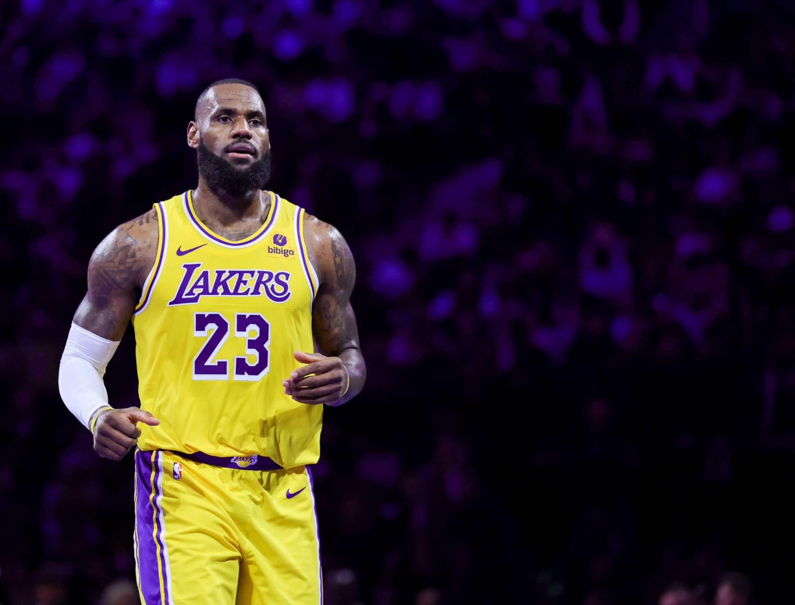 LAS VEGAS, NEVADA - DECEMBER 07: LeBron James #23 of the Los Angeles Lakers runs down the court after hitting a 3-pointer against the New Orleans Pelicans in the second half of the West semifinal game of the inaugural NBA In-Season Tournament at T-Mobile Arena on December 07, 2023 in Las Vegas, Nevada. The Lakers defeated the Pelicans 133-89. NOTE TO USER: User expressly acknowledges and agrees that, by downloading and or using this photograph, User is consenting to the terms and conditions of the Getty Images License Agreement.  (Photo by Ethan Miller/Getty Images)