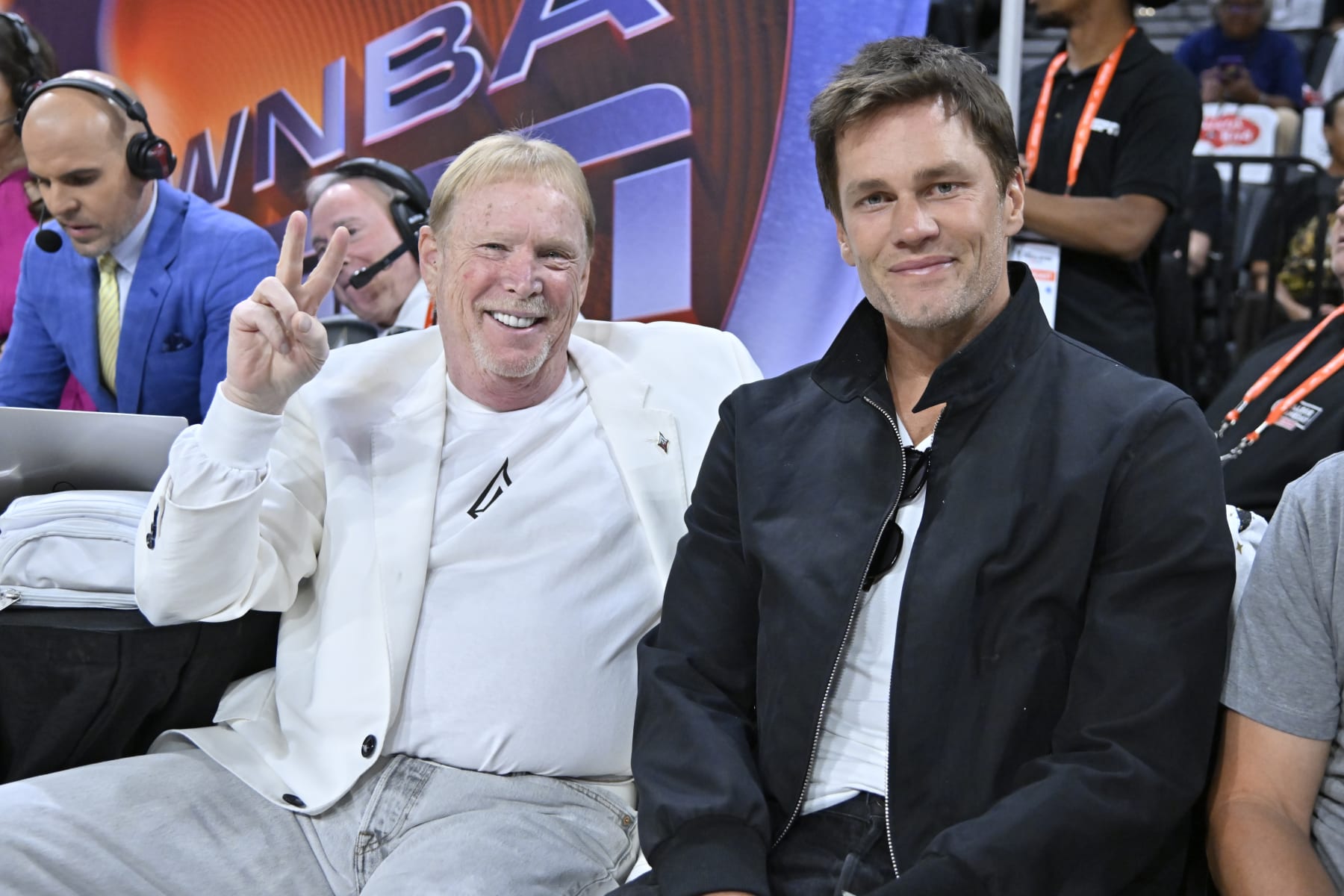 LAS VEGAS, NV - OCTOBER 8: Mark Davis and Tom Brady attend Game 1 of the 2023 WNBA Finals on October 8, 2023 at the Michelob ULTRA Arena in Las Vegas, Nevada. NOTE TO USER: User expressly acknowledges and agrees that, by downloading and or using this photograph, User is consenting to the terms and conditions of the Getty Images License Agreement. Mandatory Copyright Notice: Copyright 2023 NBAE (Photo by David Becker/NBAE via Getty Images)