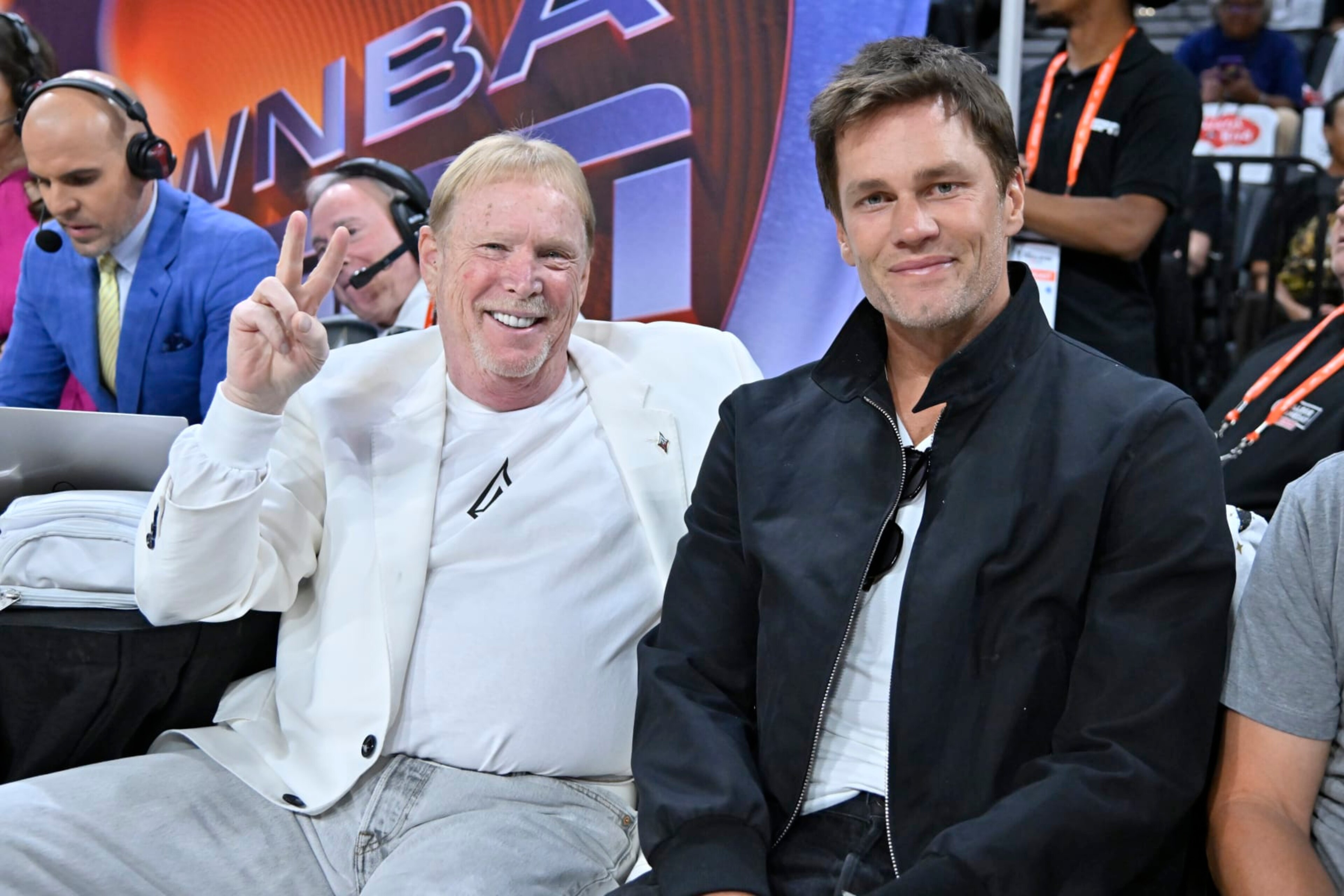 LAS VEGAS, NV - OCTOBER 8: Mark Davis and Tom Brady attend Game 1 of the 2023 WNBA Finals on October 8, 2023 at the Michelob ULTRA Arena in Las Vegas, Nevada. NOTE TO USER: User expressly acknowledges and agrees that, by downloading and or using this photograph, User is consenting to the terms and conditions of the Getty Images License Agreement. Mandatory Copyright Notice: Copyright 2023 NBAE (Photo by David Becker/NBAE via Getty Images) LAS VEGAS, NV - OCTOBER 8: Mark Davis and Tom Brady attend Game 1 of the 2023 WNBA Finals on October 8, 2023 at the Michelob ULTRA Arena in Las Vegas, Nevada. NOTE TO USER: User expressly acknowledges and agrees that, by downloading and or using this photograph, User is consenting to the terms and conditions of the Getty Images License Agreement. Mandatory Copyright Notice: Copyright 2023 NBAE (Photo by David Becker/NBAE via Getty Images)