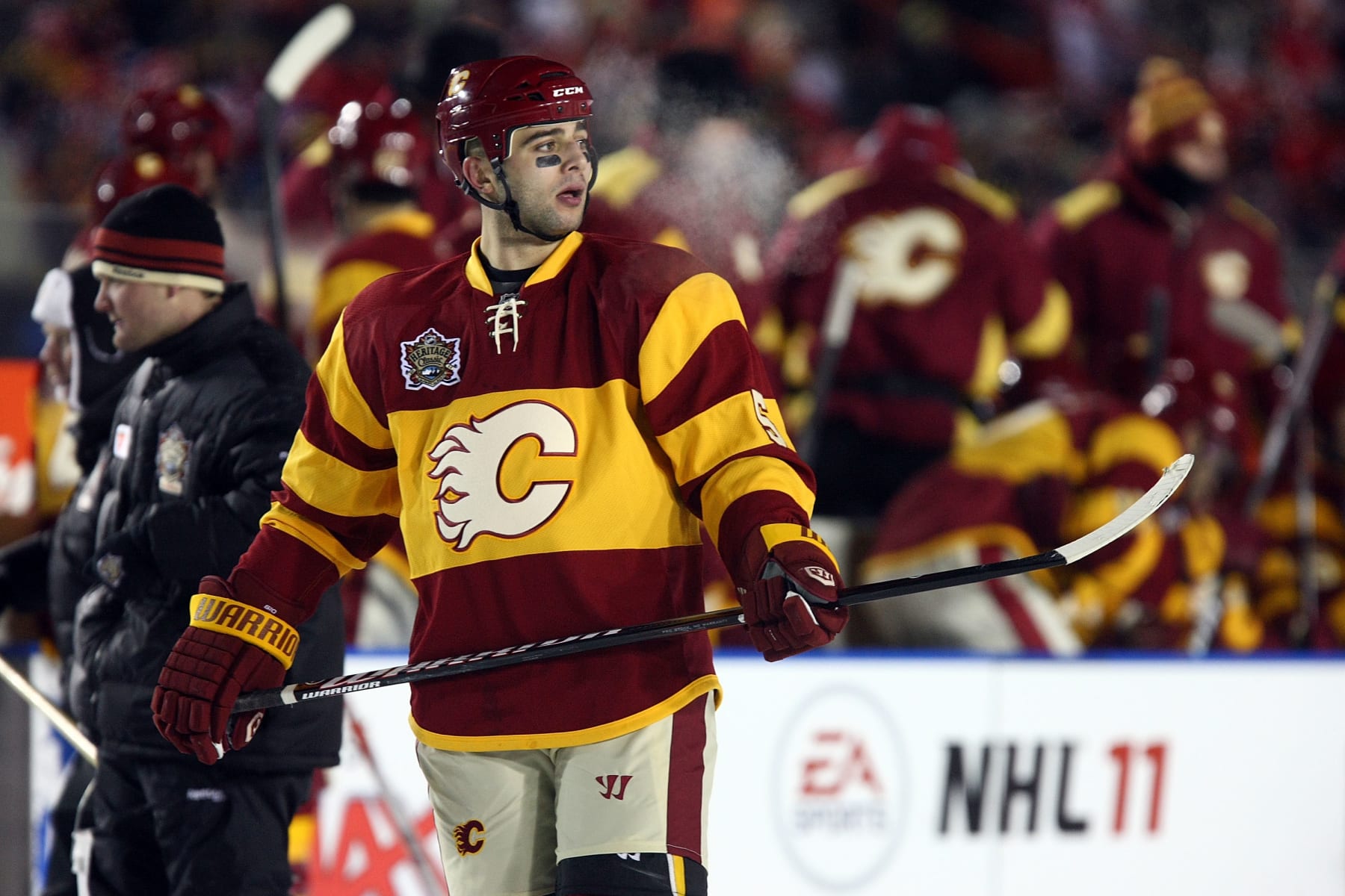 CALGARY, AB - FEBRUARY 20:  Mark Giordano #5 of the Calgary Flames looks on against the Montreal Canadiens during the 2011 NHL Tim Hortons Heritage Classic at McMahon Stadium on February 20, 2011 in Calgary, Alberta, Canada.  (Photo by Dave Sandford/NHLI via Getty Images)