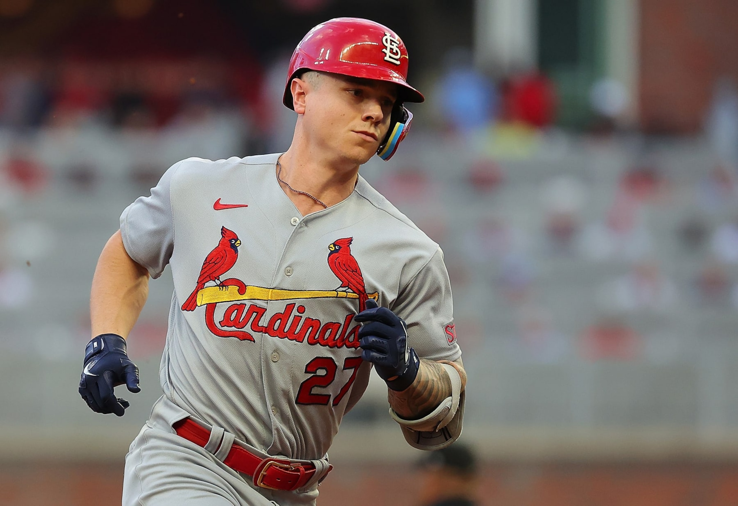 ATLANTA, GEORGIA - SEPTEMBER 05: Tyler O'Neill #27 of the St. Louis Cardinals rounds third base after hitting a two-run homer in the second inning against the Atlanta Braves at Truist Park on September 05, 2023 in Atlanta, Georgia. (Photo by Kevin C. Cox/Getty Images) ATLANTA, GEORGIA - SEPTEMBER 05: Tyler O'Neill #27 of the St. Louis Cardinals rounds third base after hitting a two-run homer in the second inning against the Atlanta Braves at Truist Park on September 05, 2023 in Atlanta, Georgia. (Photo by Kevin C. Cox/Getty Images)