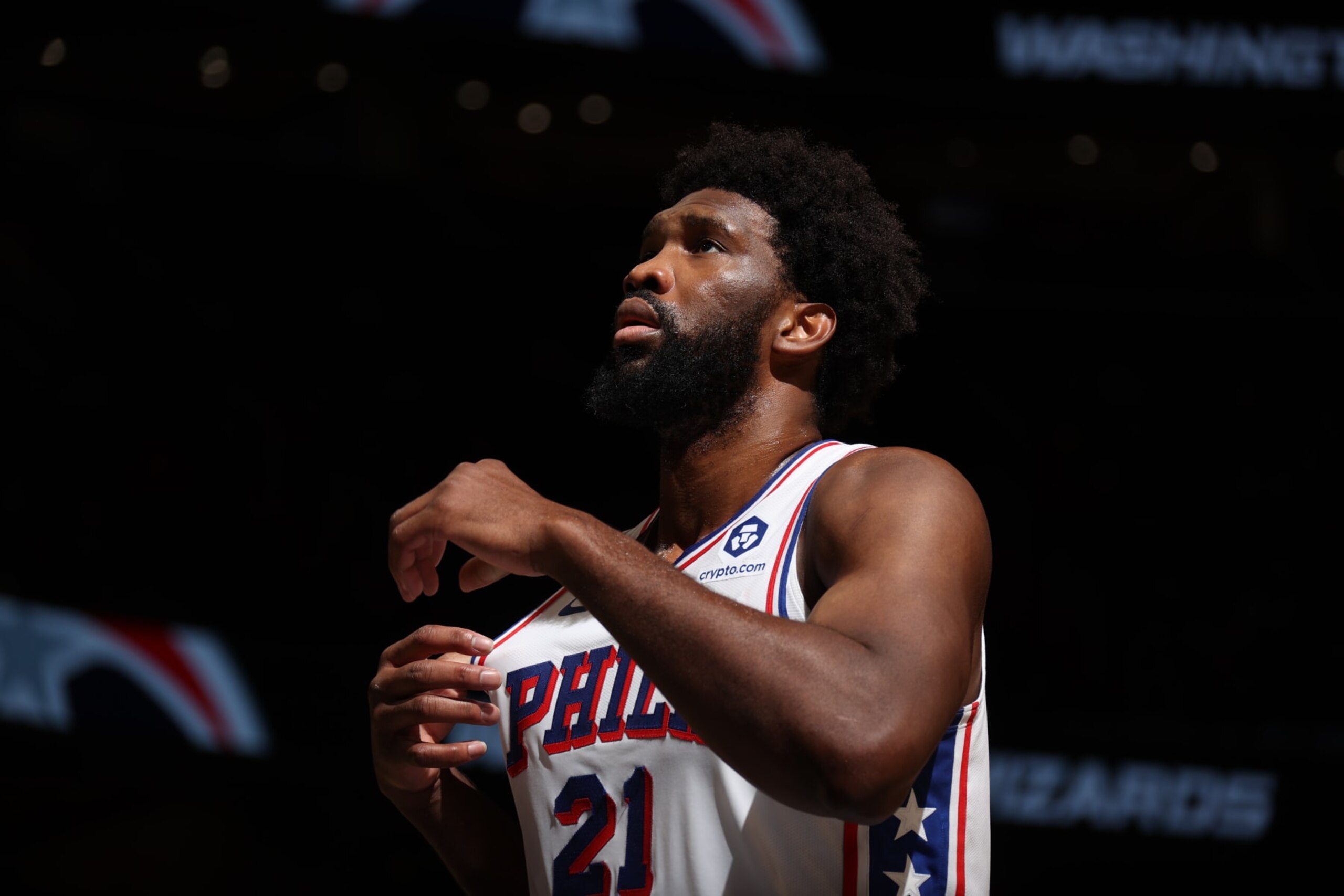 WASHINGTON, DC -  DECEMBER 6: Joel Embiid #21 of the Philadelphia 76ers looks on during the game against the Washington Wizards on December 6, 2023 at Capital One Arena in Washington, DC. NOTE TO USER: User expressly acknowledges and agrees that, by downloading and or using this Photograph, user is consenting to the terms and conditions of the Getty Images License Agreement. Mandatory Copyright Notice: Copyright 2023 NBAE (Photo by Stephen Gosling/NBAE via Getty Images)