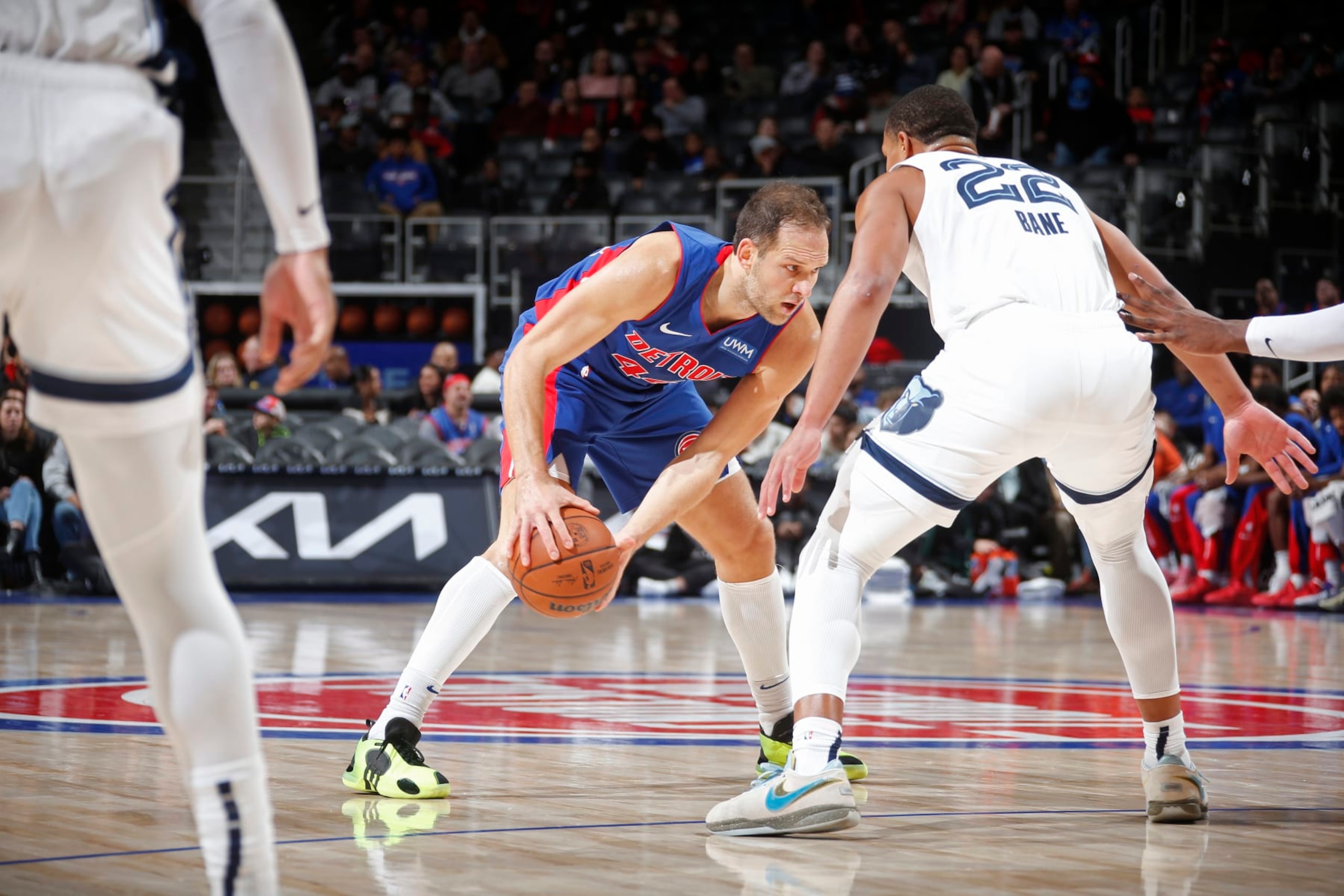 DETROIT, MI - DECEMBER 6: Bojan Bogdanovic #44 of the Detroit Pistons handles the ball during the game against the Memphis Grizzlies on December 6, 2023 at Little Caesars Arena in Detroit, Michigan. NOTE TO USER: User expressly acknowledges and agrees that, by downloading and/or using this photograph, User is consenting to the terms and conditions of the Getty Images License Agreement. Mandatory Copyright Notice: Copyright 2023 NBAE (Photo by Brian Sevald/NBAE via Getty Images)