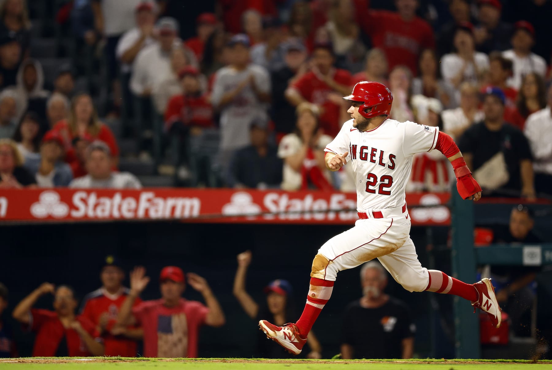 ANAHEIM, CALIFORNIA - SEPTEMBER 29:  David Fletcher #22 of the Los Angeles Angels scores a run against the Oakland Athletics in the fourth inning at Angel Stadium of Anaheim on September 29, 2023 in Anaheim, California. (Photo by Ronald Martinez/Getty Images)