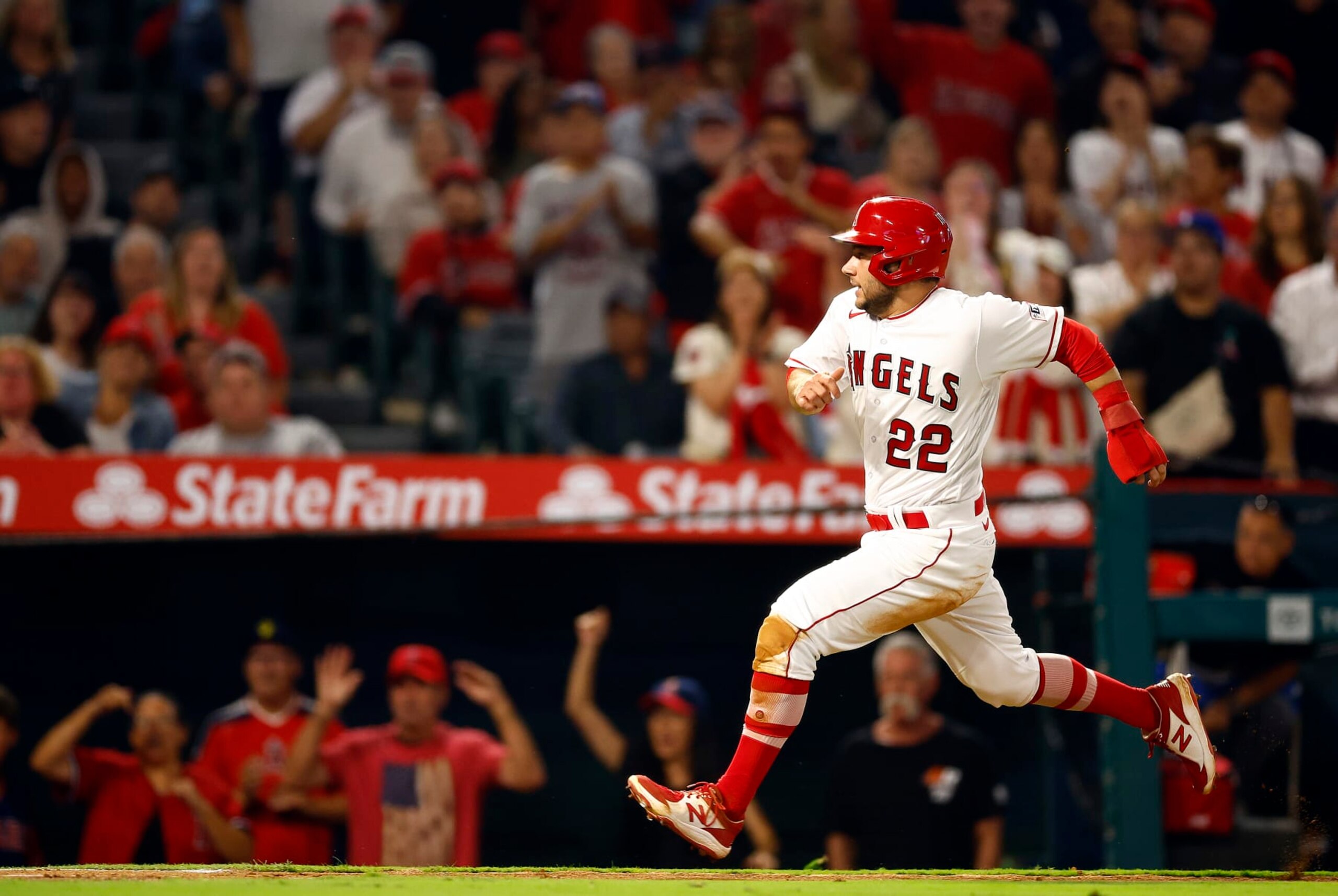 ANAHEIM, CALIFORNIA - SEPTEMBER 29: David Fletcher #22 of the Los Angeles Angels scores a run against the Oakland Athletics in the fourth inning at Angel Stadium of Anaheim on September 29, 2023 in Anaheim, California. (Photo by Ronald Martinez/Getty Images) ANAHEIM, CALIFORNIA - SEPTEMBER 29: David Fletcher #22 of the Los Angeles Angels scores a run against the Oakland Athletics in the fourth inning at Angel Stadium of Anaheim on September 29, 2023 in Anaheim, California. (Photo by Ronald Martinez/Getty Images)