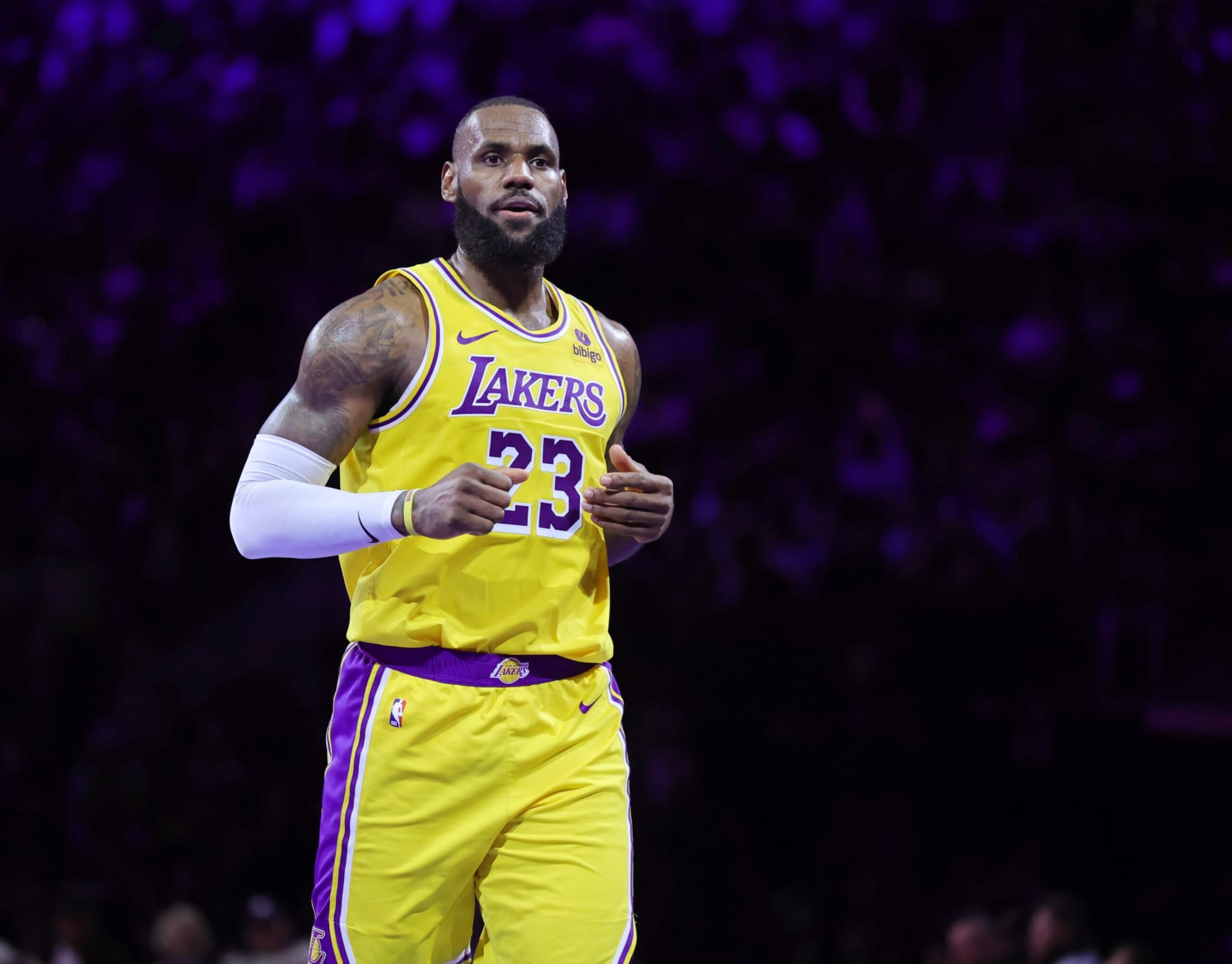 LAS VEGAS, NEVADA - DECEMBER 07: LeBron James #23 of the Los Angeles Lakers runs down the court after hitting a 3-pointer against the New Orleans Pelicans in the second half of the West semifinal game of the inaugural NBA In-Season Tournament at T-Mobile Arena on December 07, 2023 in Las Vegas, Nevada. The Lakers defeated the Pelicans 133-89. NOTE TO USER: User expressly acknowledges and agrees that, by downloading and or using this photograph, User is consenting to the terms and conditions of the Getty Images License Agreement.  (Photo by Ethan Miller/Getty Images)