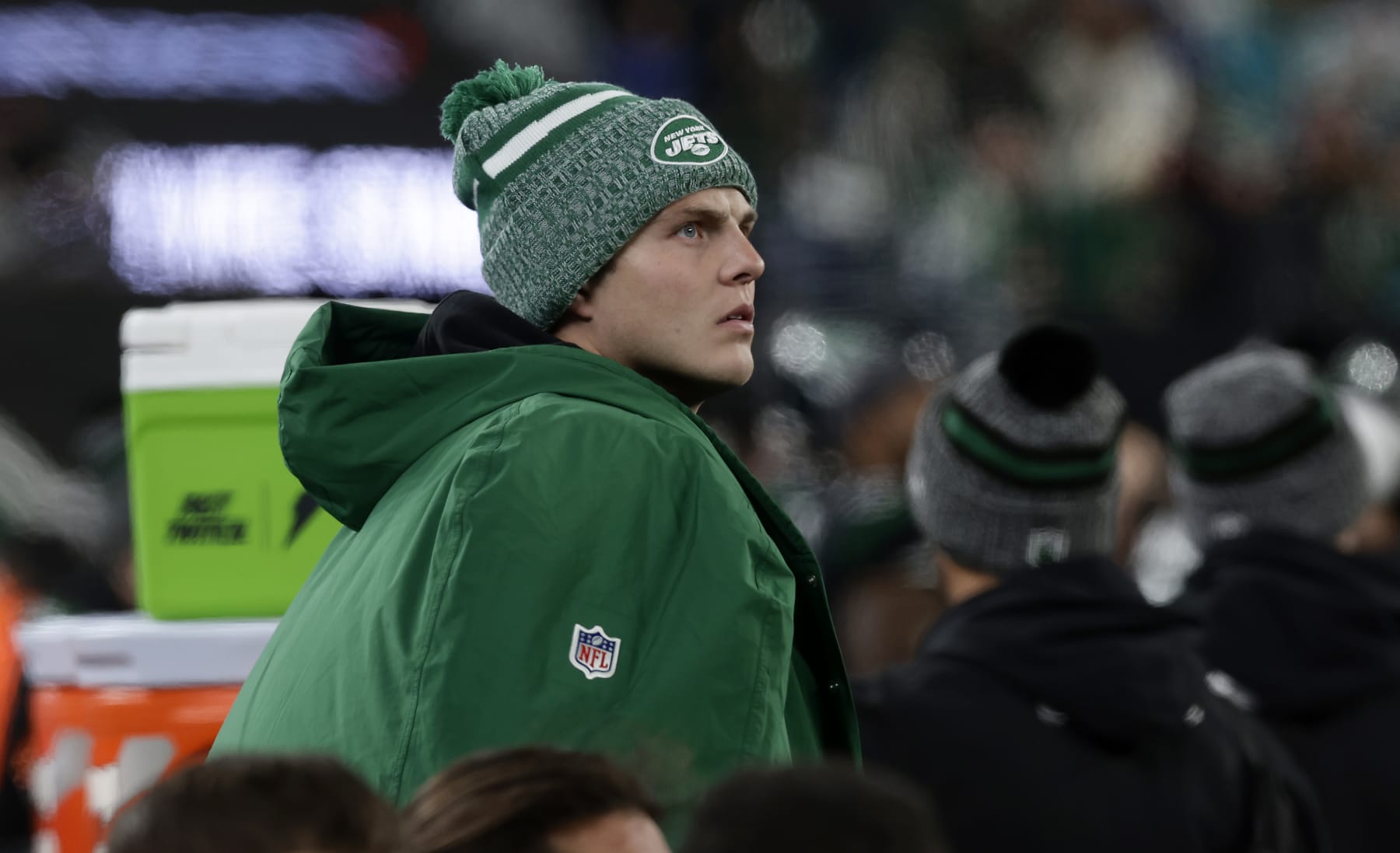 EAST RUTHERFORD, NEW JERSEY - NOVEMBER 24: (NEW YORK DAILIES OUT)  Zach Wilson #2 of the New York Jets looks on against the Miami Dolphins at MetLife Stadium on November 24, 2023 in East Rutherford, New Jersey. The Dolphins defeated the Jets 34-13.  (Photo by Jim McIsaac/Getty Images)