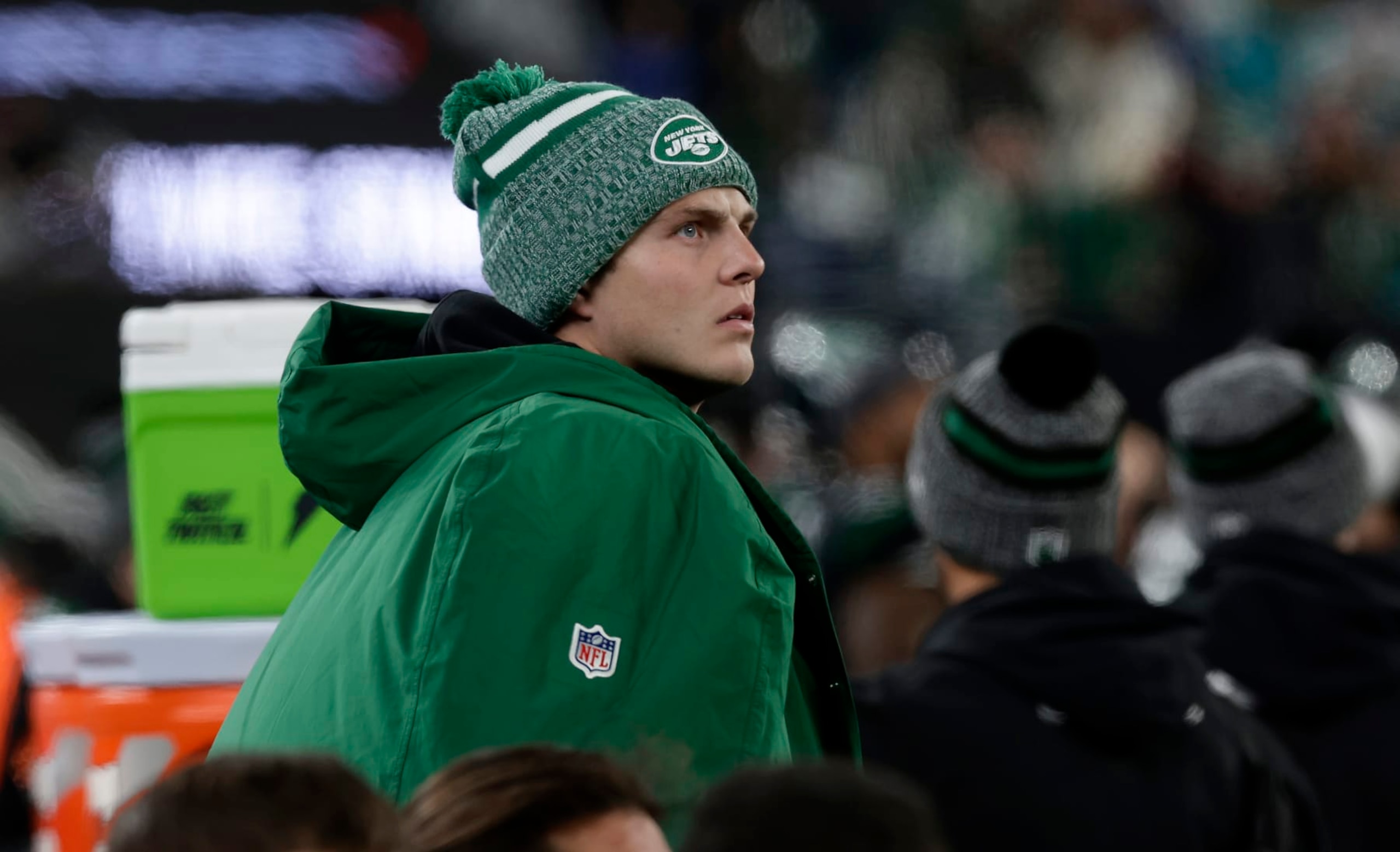 EAST RUTHERFORD, NEW JERSEY - NOVEMBER 24: (NEW YORK DAILIES OUT)  Zach Wilson #2 of the New York Jets looks on against the Miami Dolphins at MetLife Stadium on November 24, 2023 in East Rutherford, New Jersey. The Dolphins defeated the Jets 34-13.  (Photo by Jim McIsaac/Getty Images)