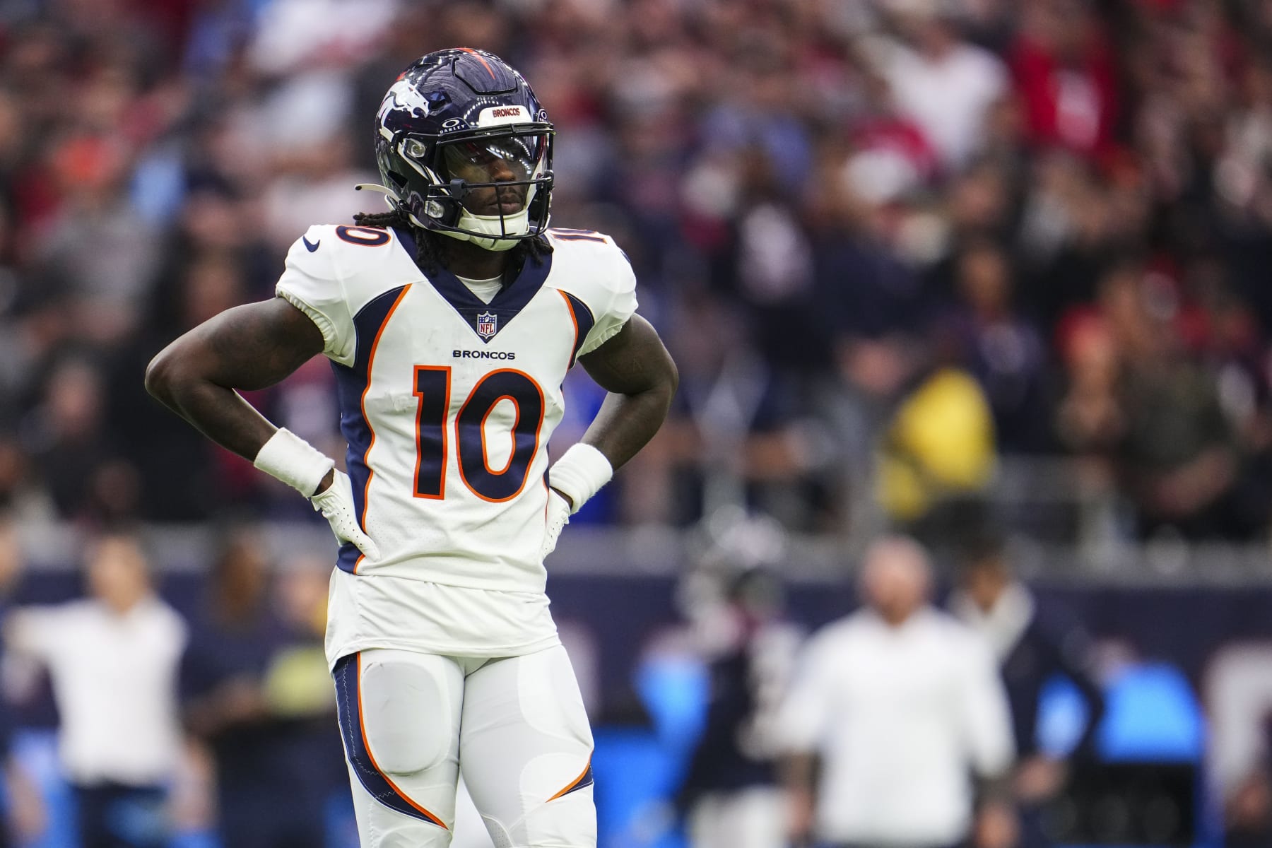 HOUSTON, TX - DECEMBER 03: Jerry Jeudy #10 of the Denver Broncos looks on from the field during an NFL football game against the Houston Texans at NRG Stadium on December 3, 2023 in Houston, Texas. (Photo by Cooper Neill/Getty Images)