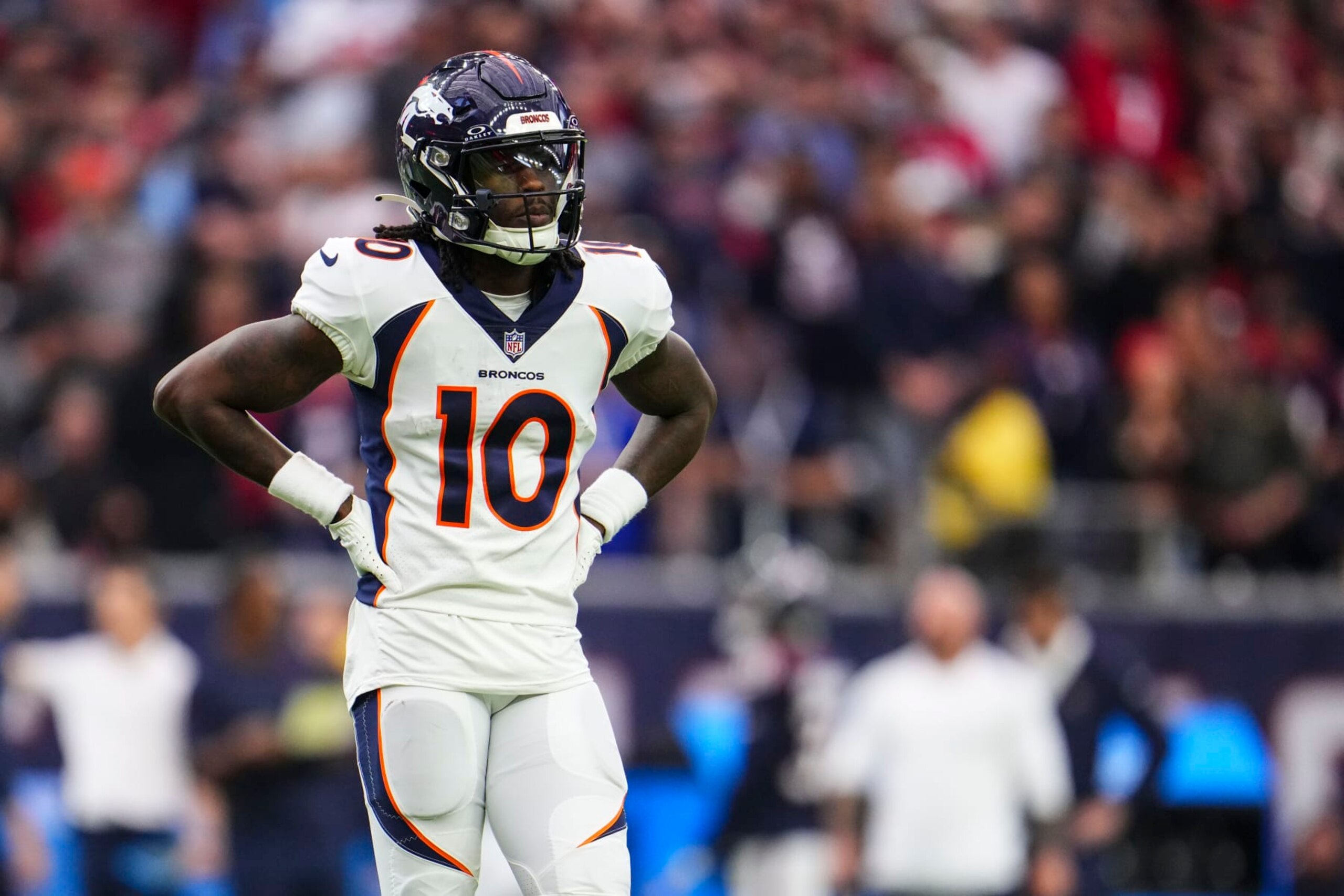 HOUSTON, TX - DECEMBER 03: Jerry Jeudy #10 of the Denver Broncos looks on from the field during an NFL football game against the Houston Texans at NRG Stadium on December 3, 2023 in Houston, Texas. (Photo by Cooper Neill/Getty Images)