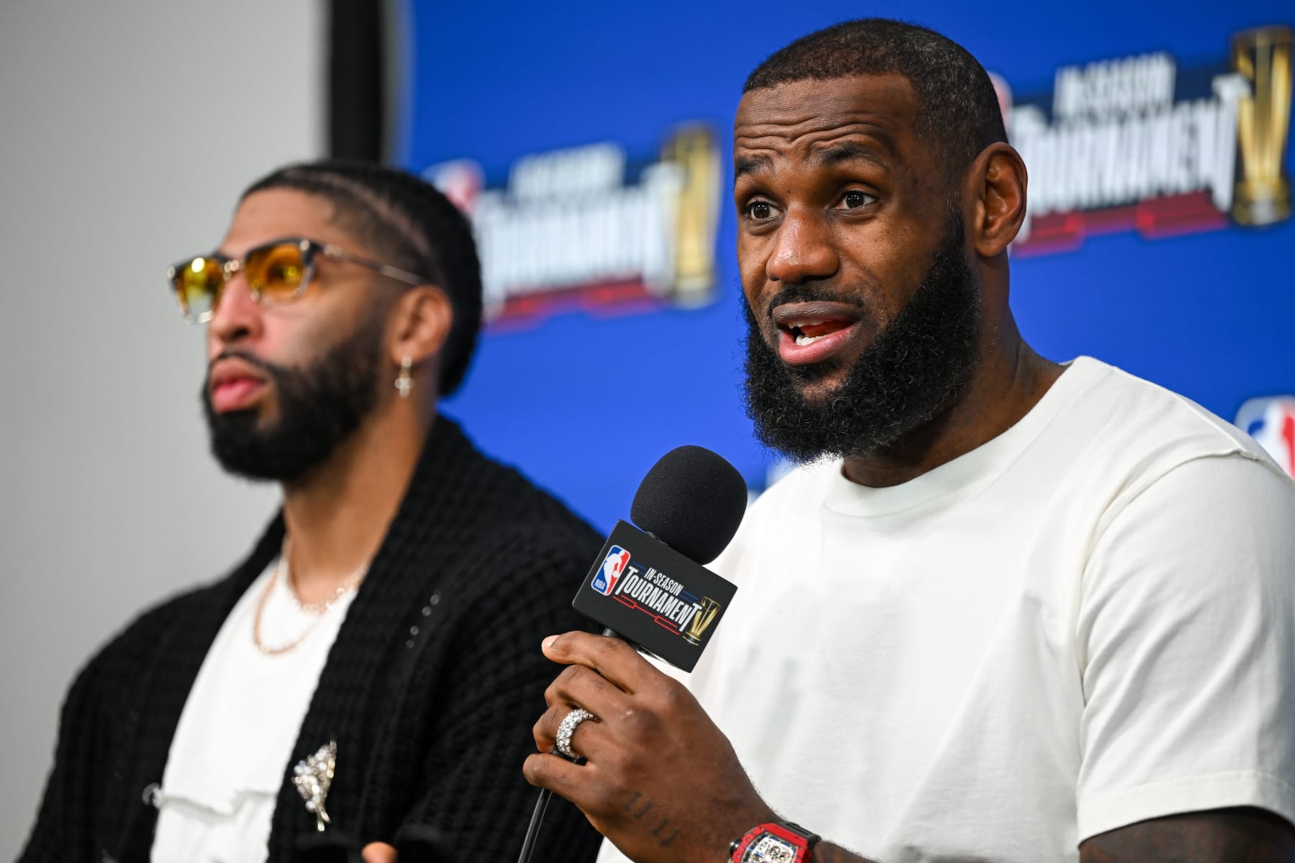 LAS VEGAS, NEVADA - DECEMBER 7: Players LeBron James (23) (right) and Anthony Davis (3) (left) of Los Angeles Lakers attend the press conference after the NBA In-Season Tournament Semifinals game between Los Angeles Lakers and New Orleans Pelicans at the T-Mobile Arena in Las Vegas, Nevada, United States on December 7, 2023. (Photo by Tayfun Coskun/Anadolu via Getty Images)