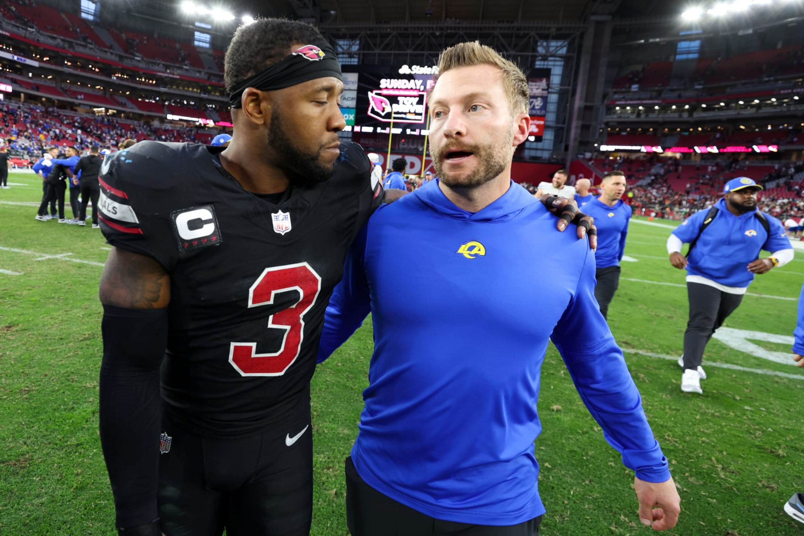 GLENDALE, ARIZONA - NOVEMBER 26: Budda Baker #3 of the Arizona Cardinals and Head coach Sean McVay of the Los Angeles Rams talk after Los Angeles' 37-14 win at State Farm Stadium on November 26, 2023 in Glendale, Arizona. (Photo by Christian Petersen/Getty Images)
