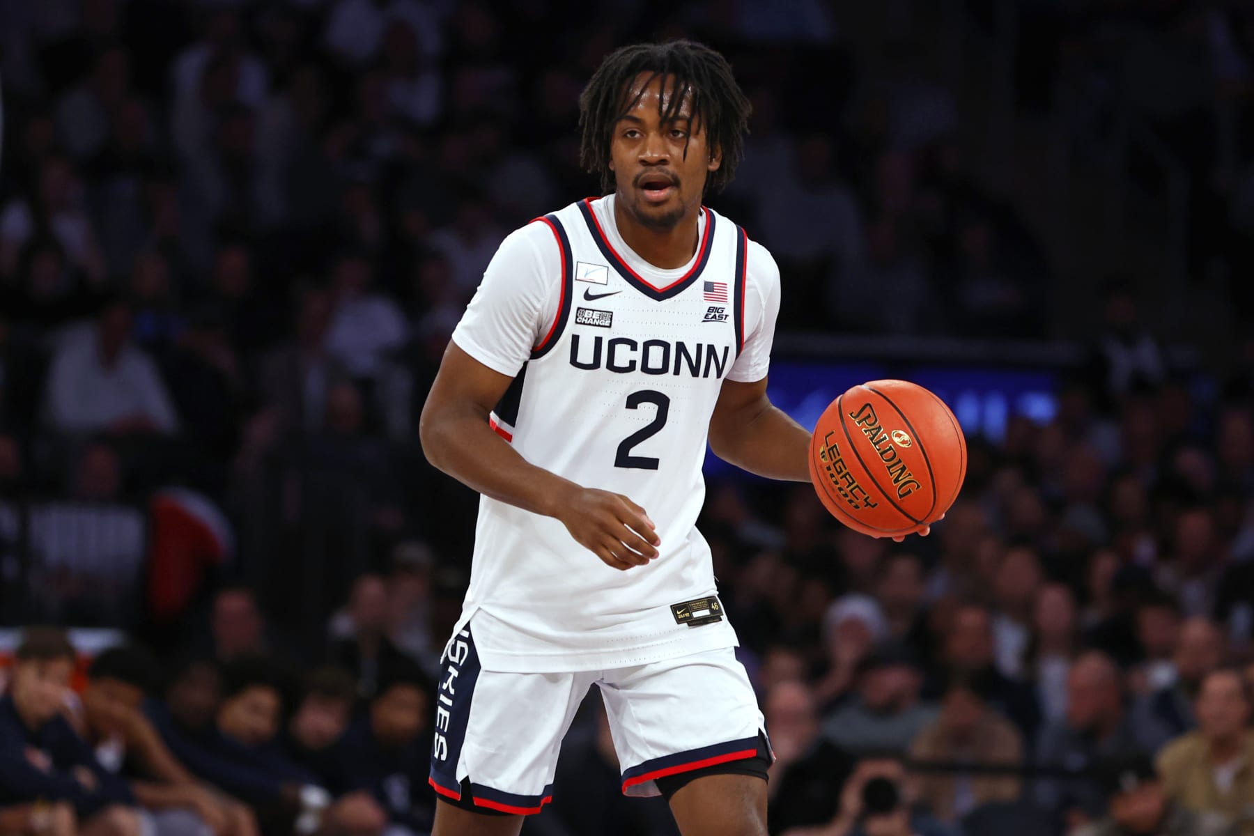 NEW YORK, NEW YORK - DECEMBER 5: Tristen Newton #2 of the Connecticut Huskies in action against the North Carolina Tar Heels during a game in the Jimmy V Classic at Madison Square Garden on December 5, 2023 in New York City. Connecticut defeated North Carolina 87-76. (Photo by Rich Schultz/Getty Images)