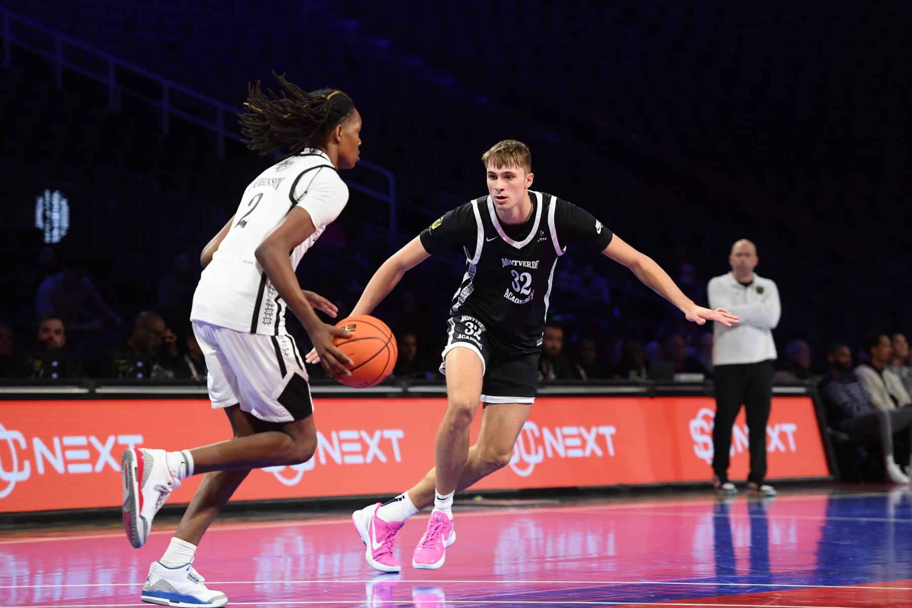 LAS VEGAS, NV - DECEMBER 8: Cooper Flagg #32 of Montverde Academy plays defense during the game against the Link Academy during the 2023 EYBL Scholastic Showcase on December 8, 2023 at T-Mobile Arena in Las Vegas, Nevada. NOTE TO USER: User expressly acknowledges and agrees that, by downloading and or using this photograph, User is consenting to the terms and conditions of the Getty Images License Agreement. Mandatory Copyright Notice: Copyright 2023 NBAE (Photo by Juan Ocampo/NBAE via Getty Images)