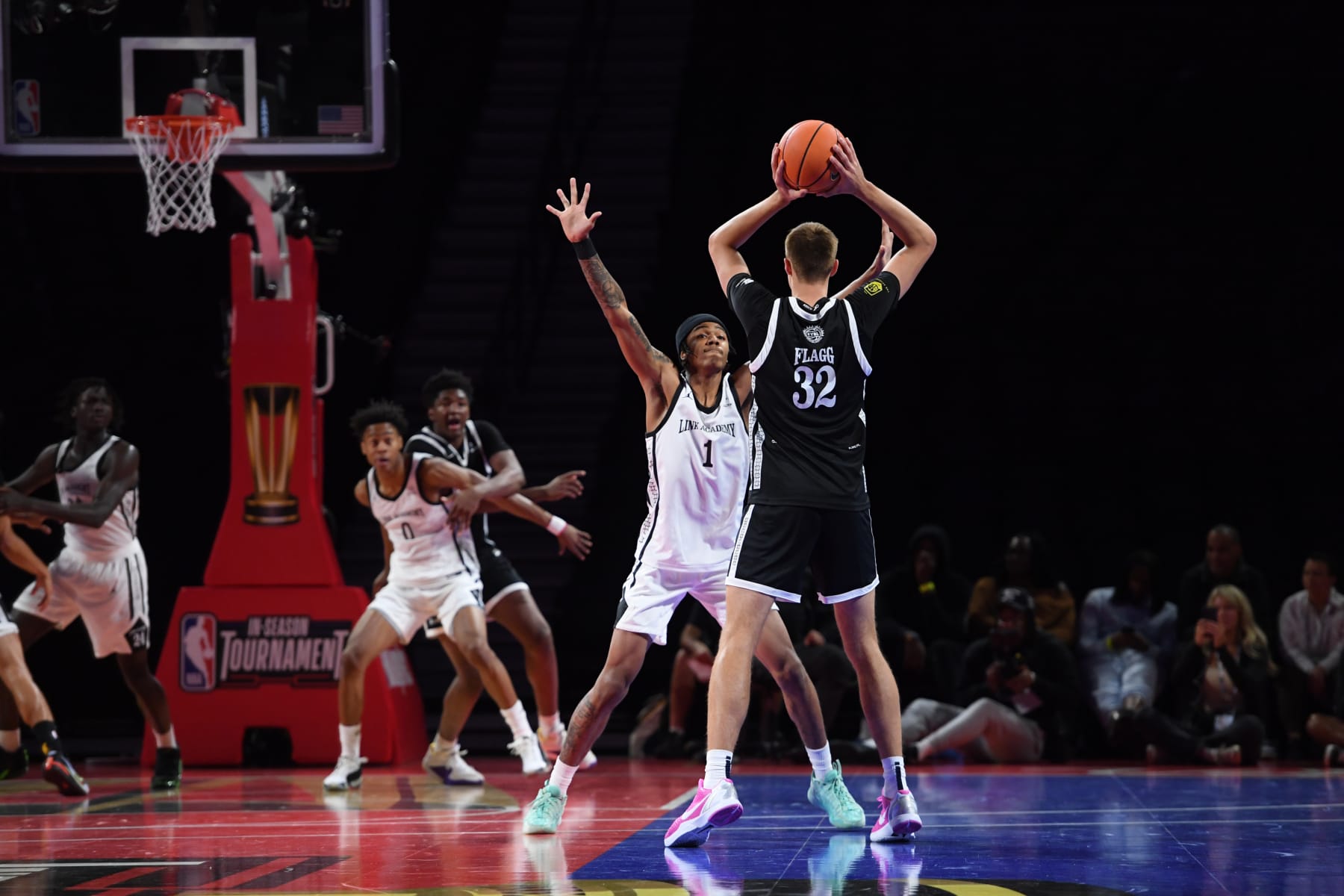 LAS VEGAS, NV - DECEMBER 8: Labaron Philon #1 of Link Academy plays defense against Cooper Flagg #32 of Montverde Academy during the 2023 EYBL Scholastic Showcase on December 8, 2023 at T-Mobile Arena in Las Vegas, Nevada. NOTE TO USER: User expressly acknowledges and agrees that, by downloading and or using this photograph, User is consenting to the terms and conditions of the Getty Images License Agreement. Mandatory Copyright Notice: Copyright 2023 NBAE (Photo by Juan Ocampo/NBAE via Getty Images)