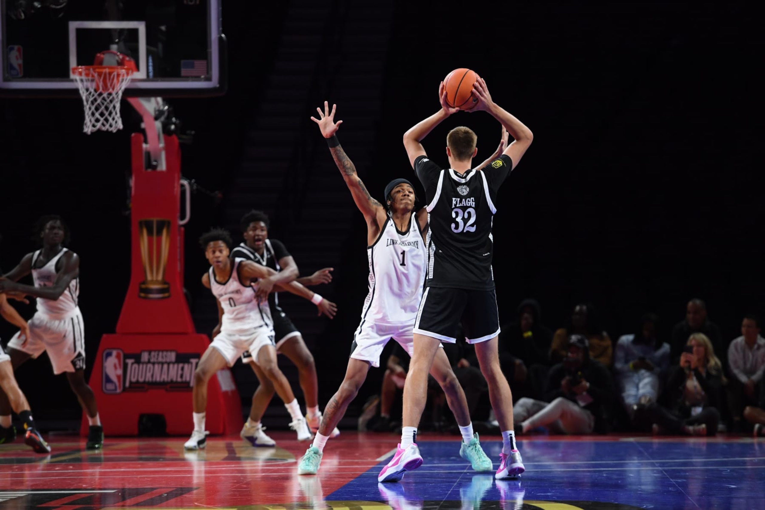 LAS VEGAS, NV - DECEMBER 8: Labaron Philon #1 of Link Academy plays defense against Cooper Flagg #32 of Montverde Academy during the 2023 EYBL Scholastic Showcase on December 8, 2023 at T-Mobile Arena in Las Vegas, Nevada. NOTE TO USER: User expressly acknowledges and agrees that, by downloading and or using this photograph, User is consenting to the terms and conditions of the Getty Images License Agreement. Mandatory Copyright Notice: Copyright 2023 NBAE (Photo by Juan Ocampo/NBAE via Getty Images)