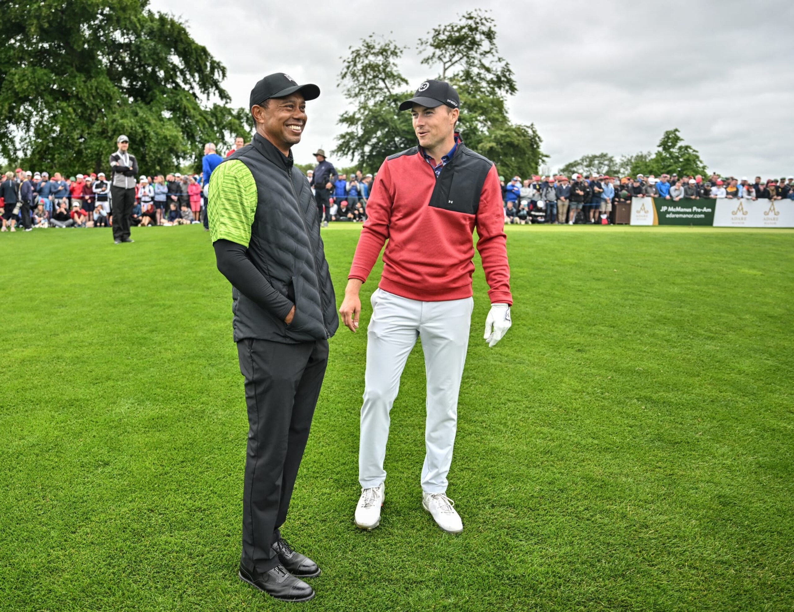 Limerick , Ireland - 4 July 2022; Jordan Speith of USA speaking to Tiger Woods of USA during day one of the JP McManus Pro-Am at Adare Manor Golf Club in Adare, Limerick. (Photo By Eóin Noonan/Sportsfile via Getty Images)