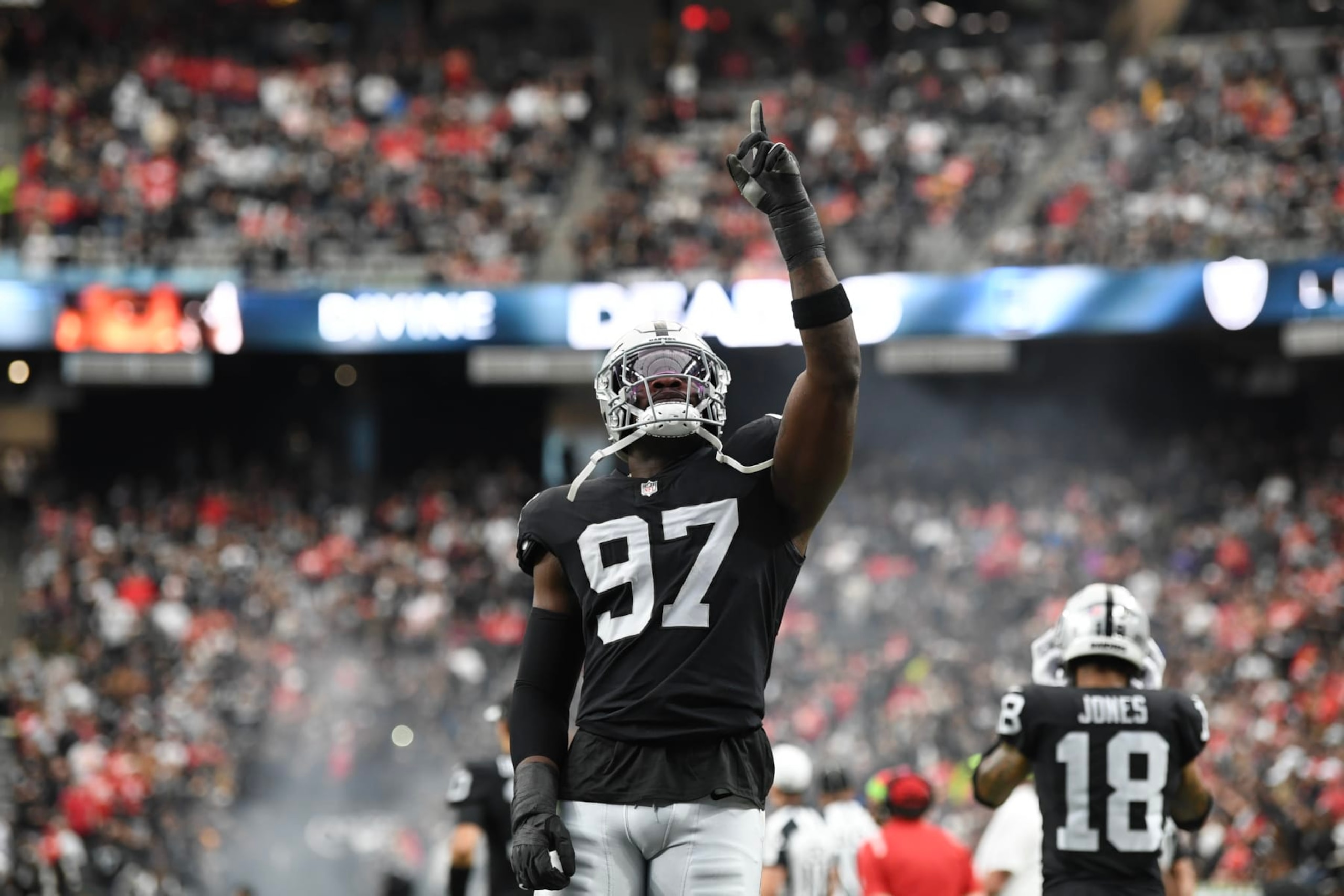 LAS VEGAS, NEVADA - NOVEMBER 26: Defensive end Janarius Robinson #97 of the Las Vegas Raiders prepares for the start of the game against the Kansas City Chiefs at Allegiant Stadium on November 26, 2023 in Las Vegas, Nevada. The Chiefs defeated the Raiders 31-17. (Photo by Candice Ward/Getty Images)