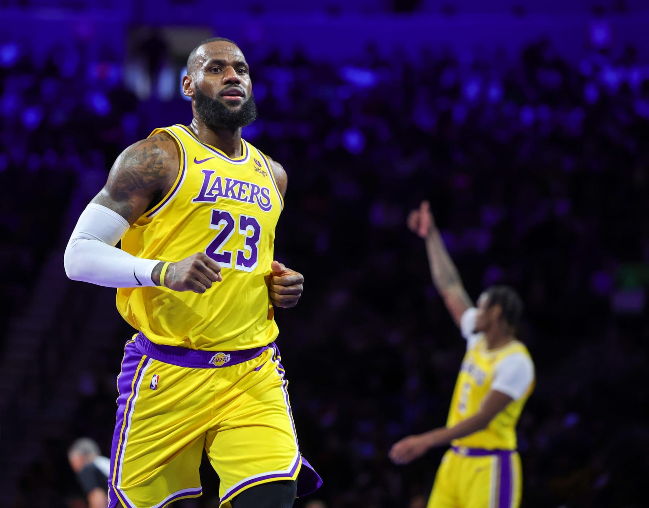 LAS VEGAS, NEVADA - DECEMBER 07: LeBron James #23 of the Los Angeles Lakers runs down the court after drawing an offensive charge call against the New Orleans Pelicans in the first half of the West semifinal game of the inaugural NBA In-Season Tournament at T-Mobile Arena on December 07, 2023 in Las Vegas, Nevada. The Lakers defeated the Pelicans 133-89. NOTE TO USER: User expressly acknowledges and agrees that, by downloading and or using this photograph, User is consenting to the terms and conditions of the Getty Images License Agreement.  (Photo by Ethan Miller/Getty Images)