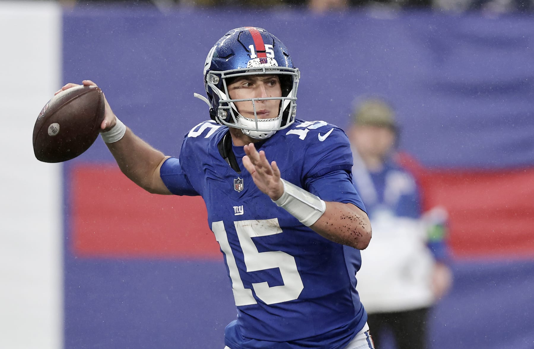 EAST RUTHERFORD, NEW JERSEY - NOVEMBER 26: (NEW YORK DAILIES OUT)  Tommy DeVito #15 of the New York Giants in action against the New England Patriots at MetLife Stadium on November 26, 2023 in East Rutherford, New Jersey.  The Giants defeated the Patriots 10-7. (Photo by Jim McIsaac/Getty Images)